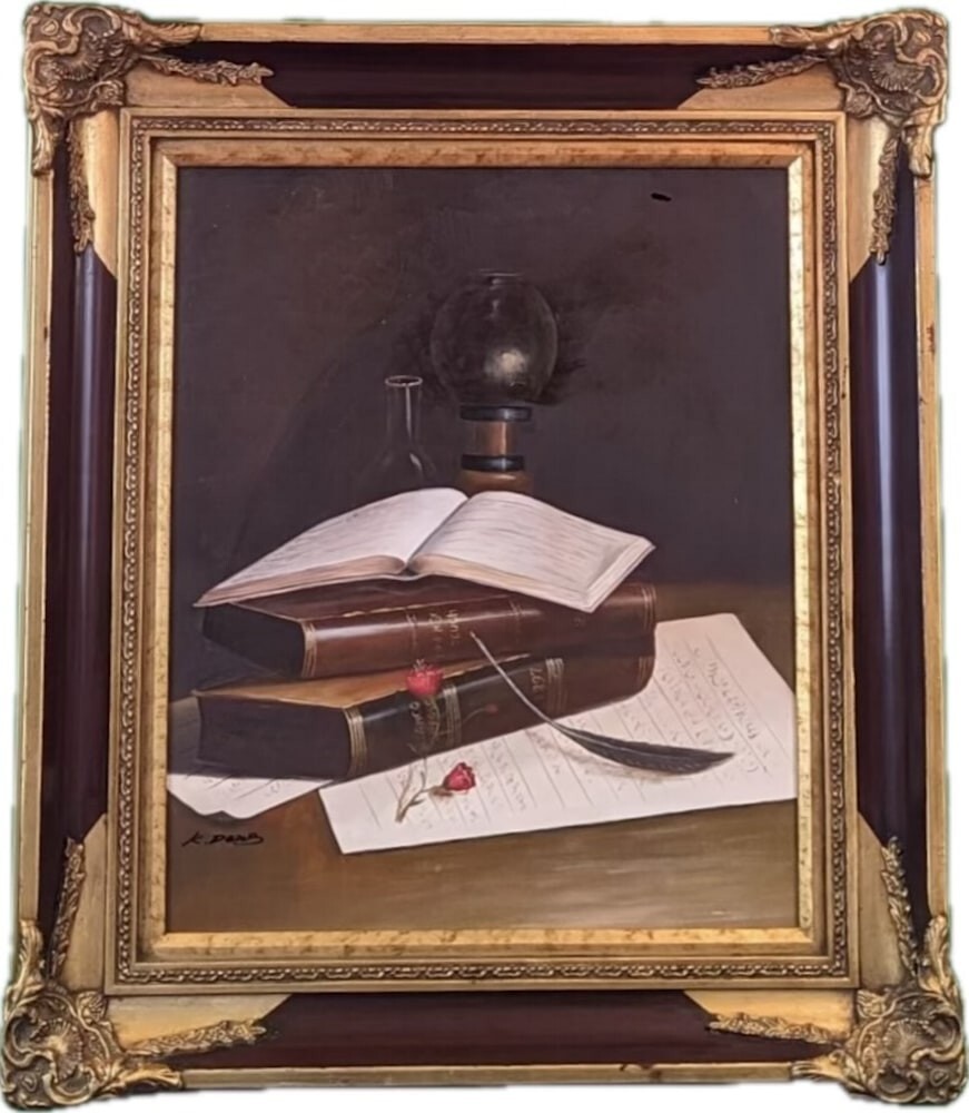 Turn of the Century Books and Quill on Burgundy Refurbished Oil Painting