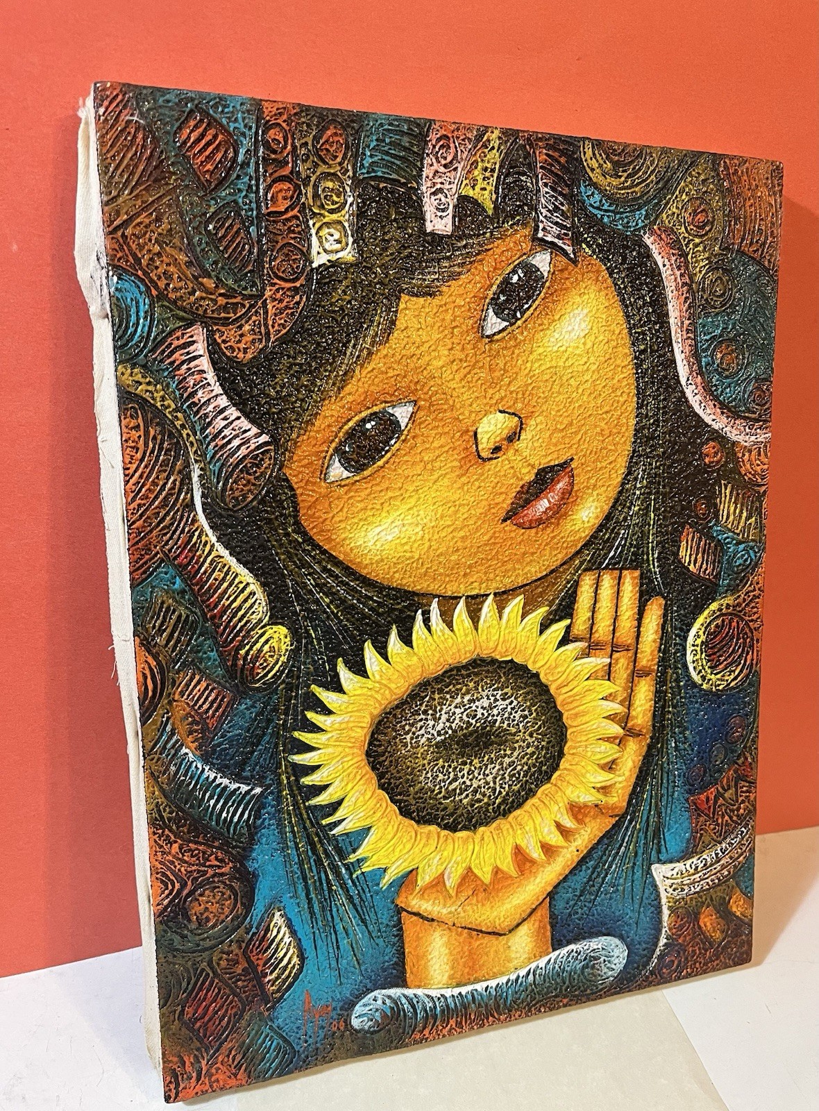 N Ayo Ecuadorian 12″ x 16″ Girl with Sunflower Acrylic on Canvas Painting 2006
