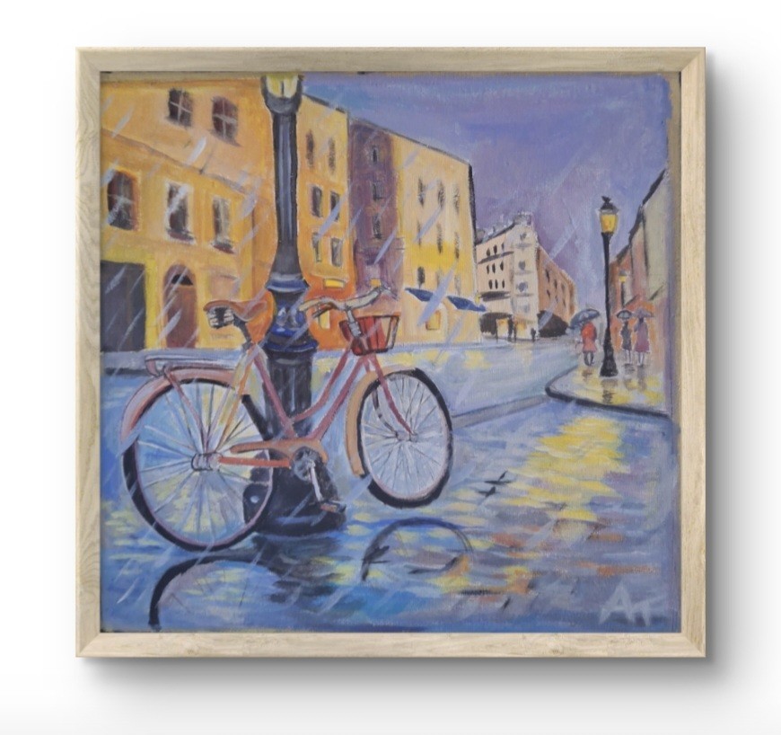 Original Painting 12×12 Rainy Bicycle Acrylic Canvas Signed Contemporary Decor