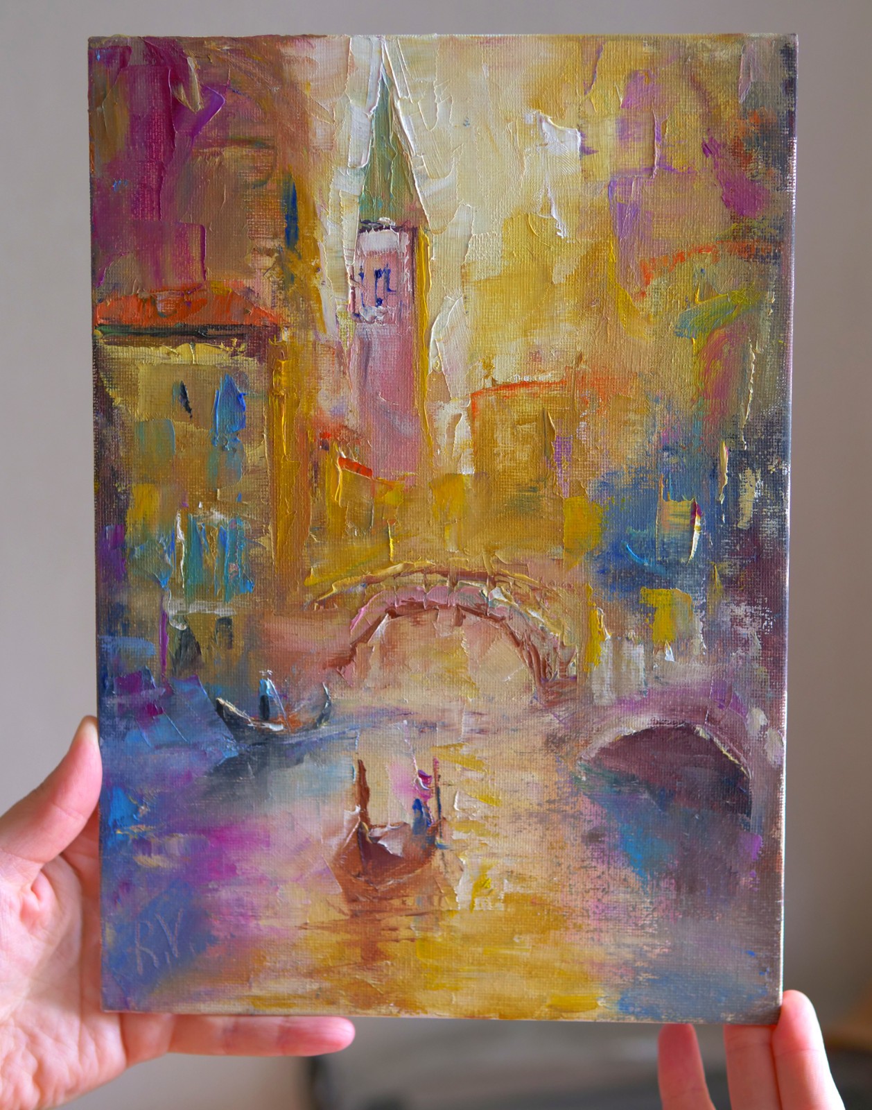 Venice Canal Sunrise Oil Painting Impasto 8×12″ Gondolas Palette Knife Original