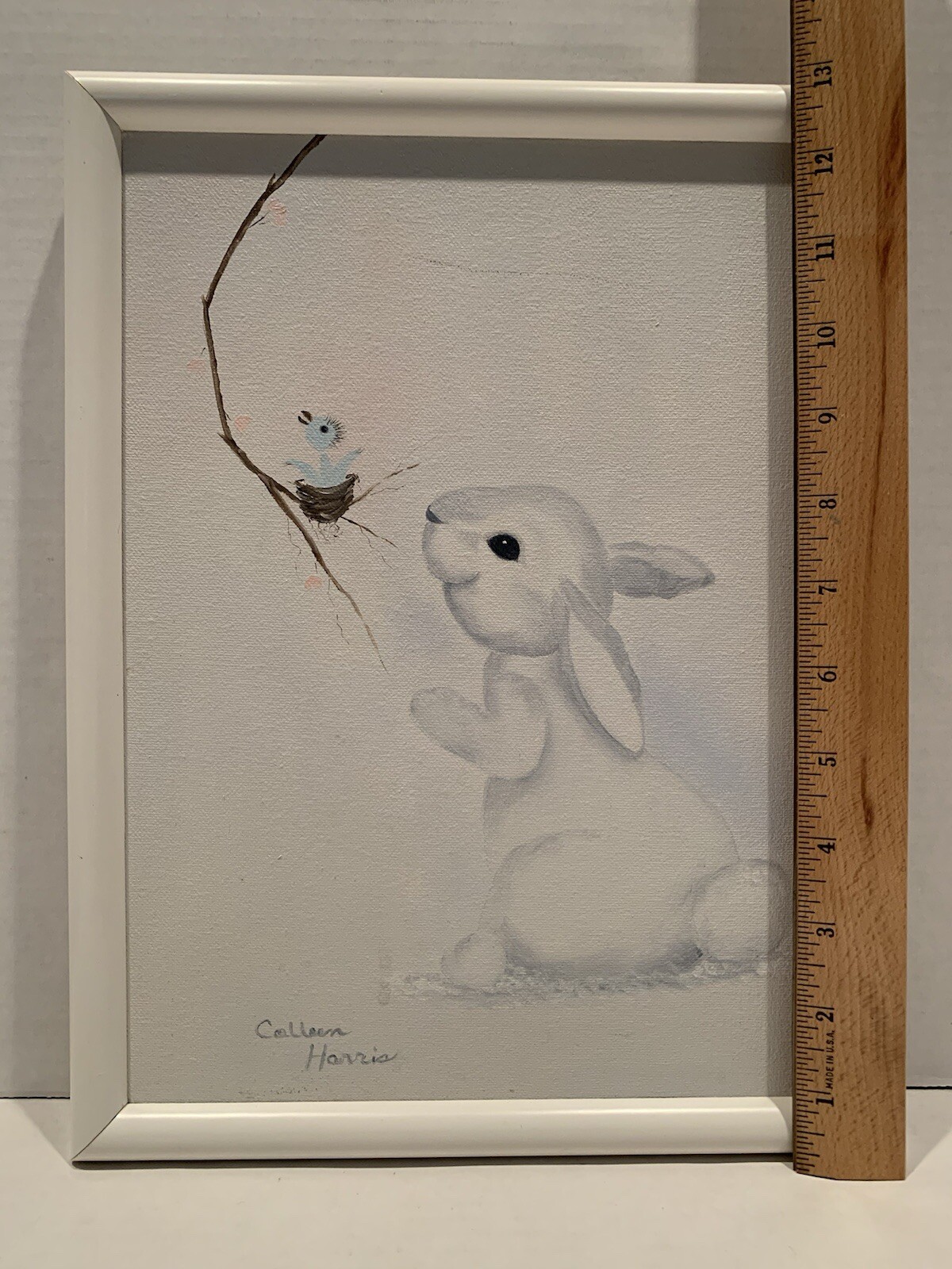 Framed Painting on Canvas White Bunny & Baby Bird In Nest 13″x9″ Signed Adorable