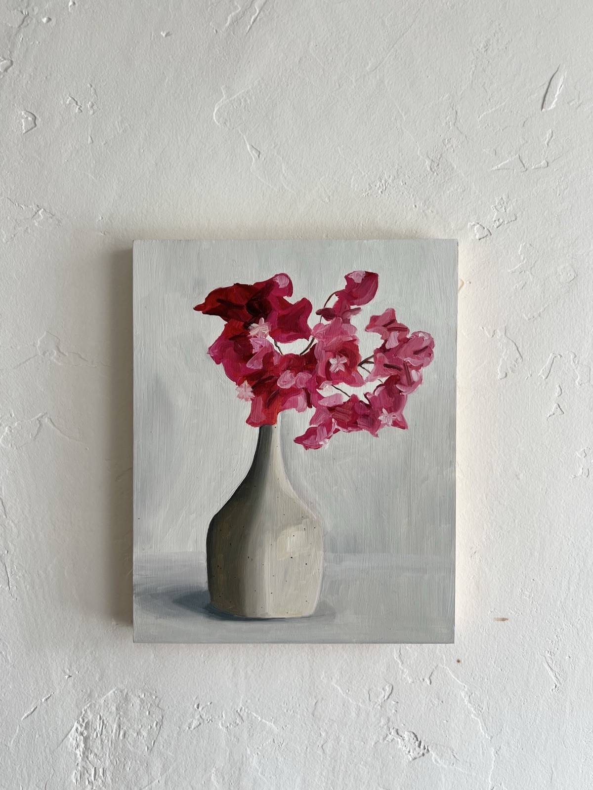 Original oil painting floral still life wood flowers vase bougainvillea signed