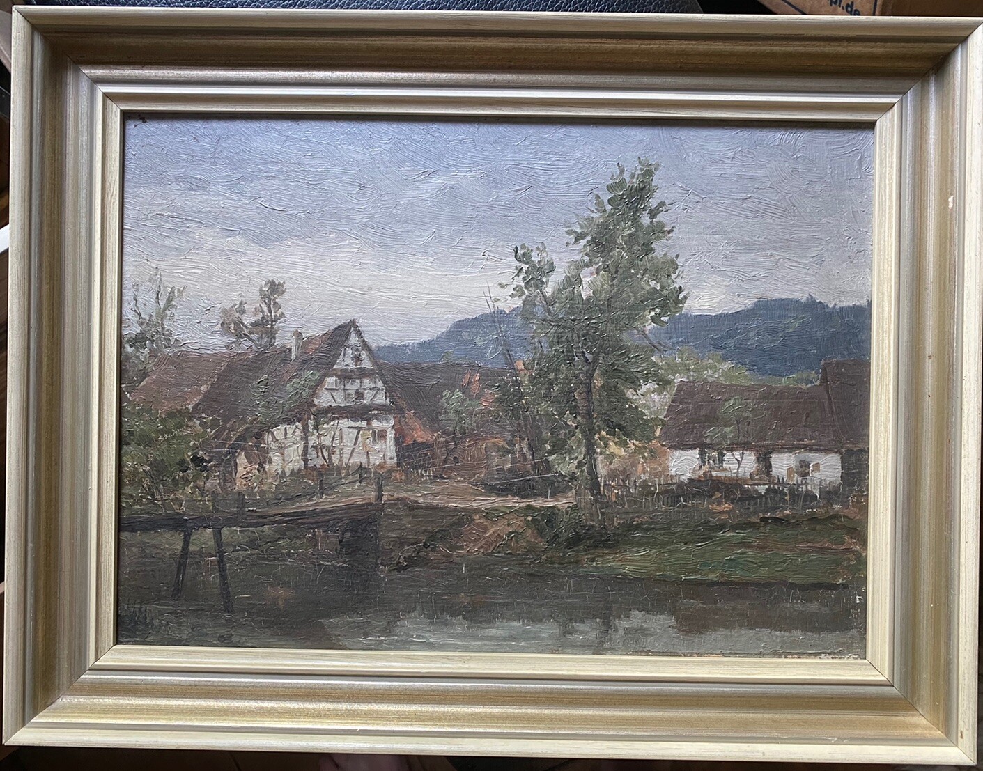 Impressionist Oil Painting Home on the Shore Timber Frame Bridge Signed Monogram