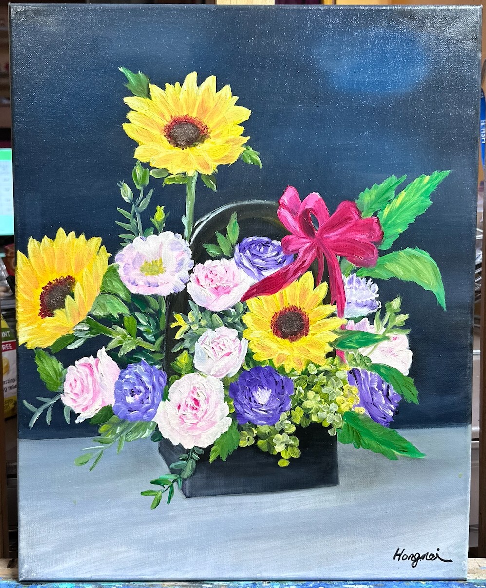Sun Flowers Ribbon Bouquet Basket Canvas Painting! by my mom :)