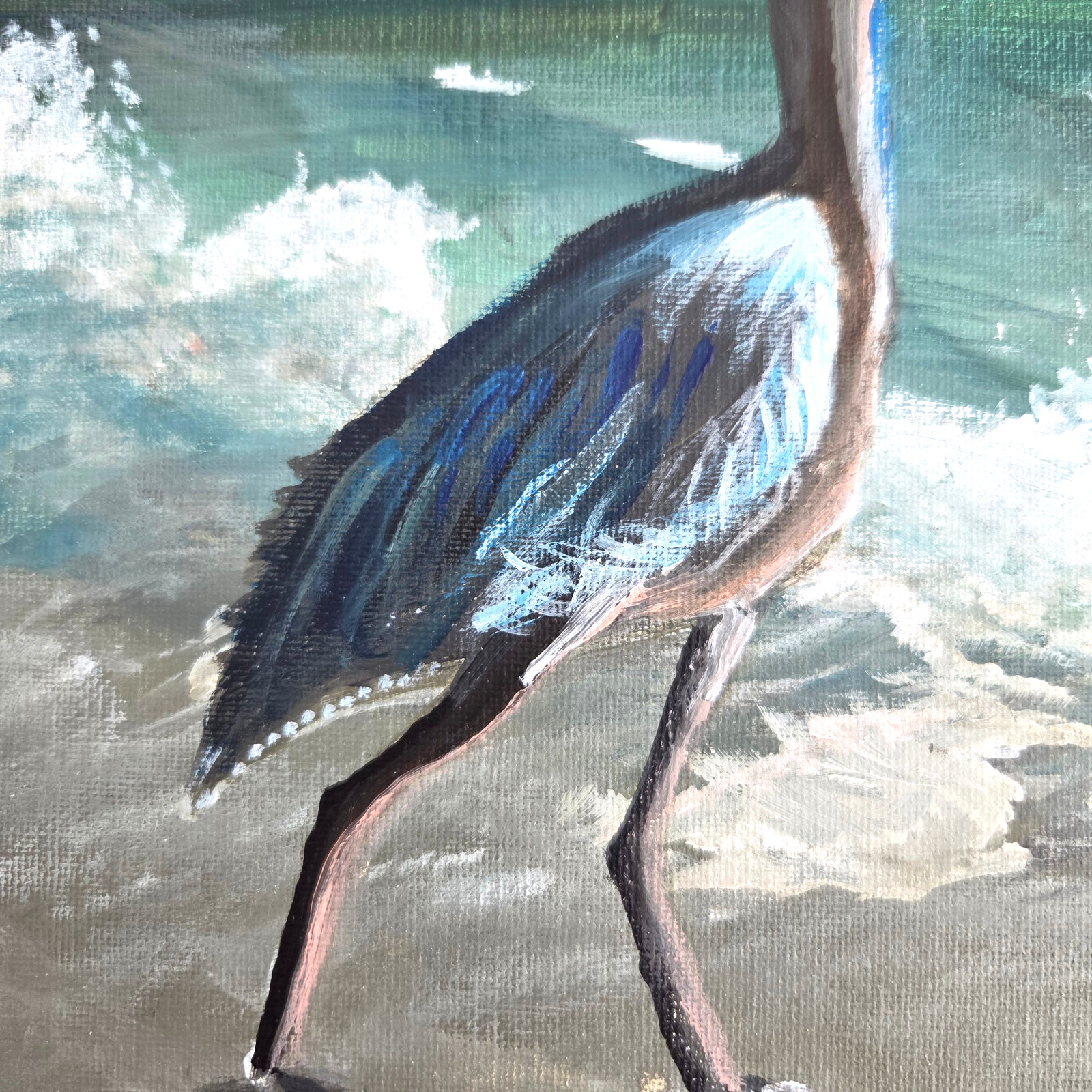 Original Painting Wall Art Blue Heron Frame in Gulf Sea 16.5 x 13.5″ Artist Sign