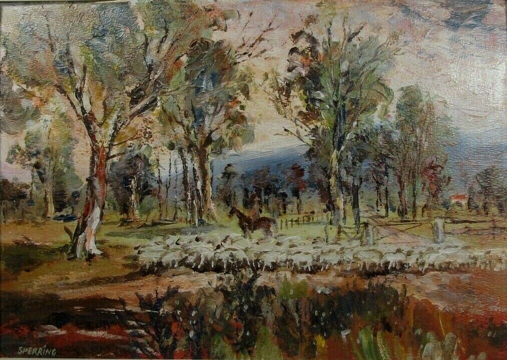 Moving sheep on the road to Jamieson Victoria Oil artist board Robert Sperring