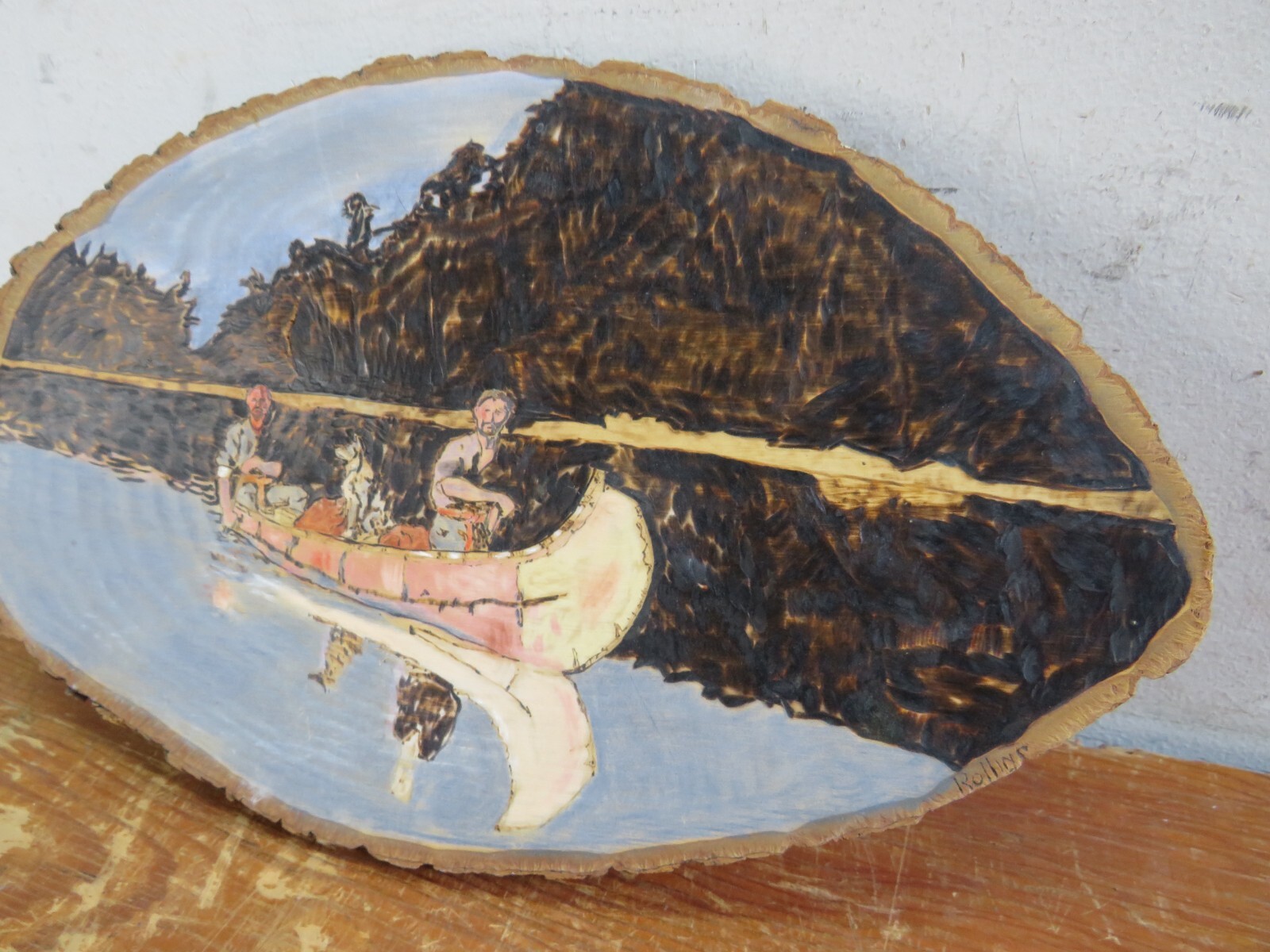 Vintage Wooden Art Canoeing w/ Bark Carving/Burning/Painting 14.5×9 Rollins