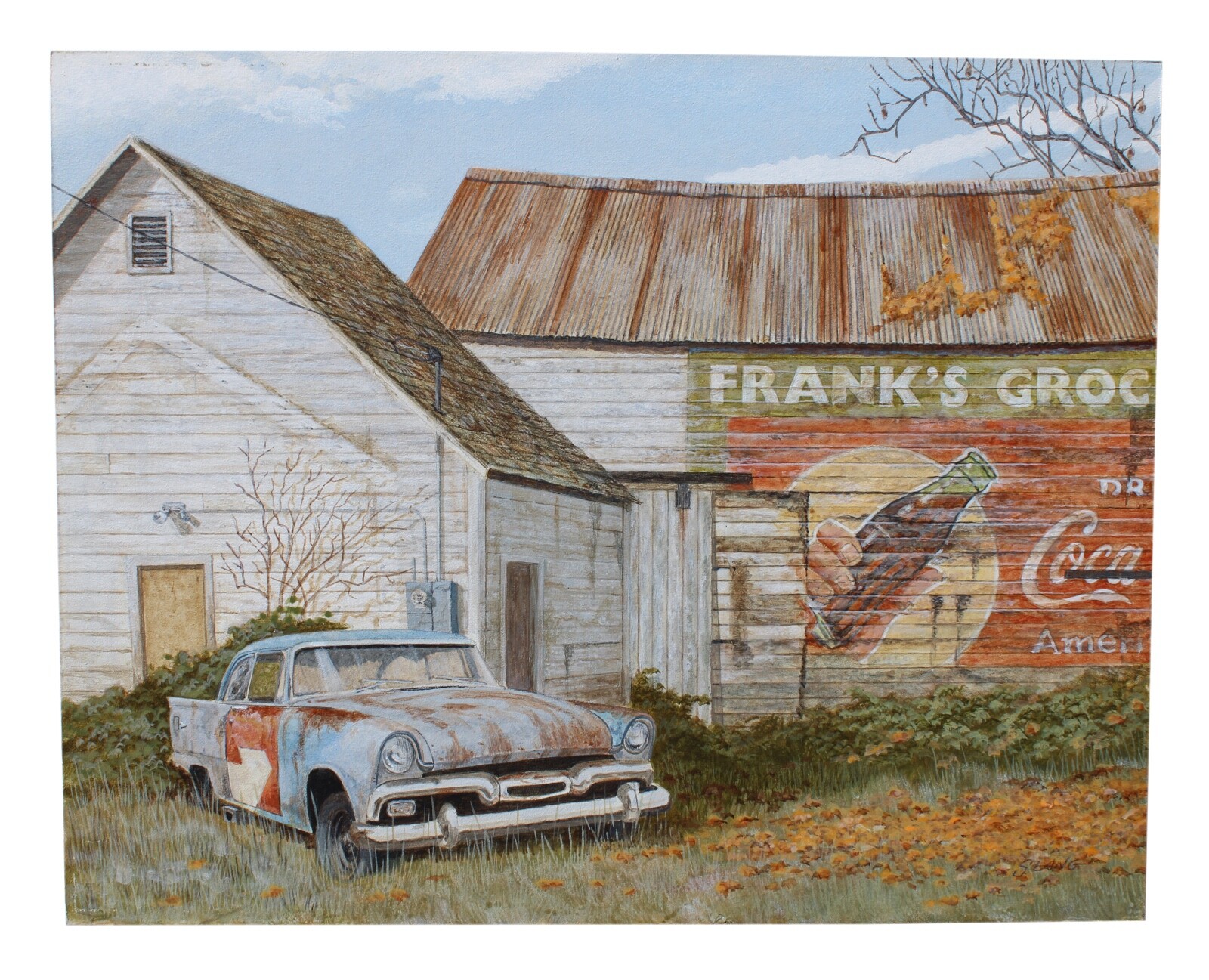 SCOTT LANG ORIGINAL PAINTING AMERICANA CLASSIC CAR BARN ’56 PLYMOUTH COCA COLA