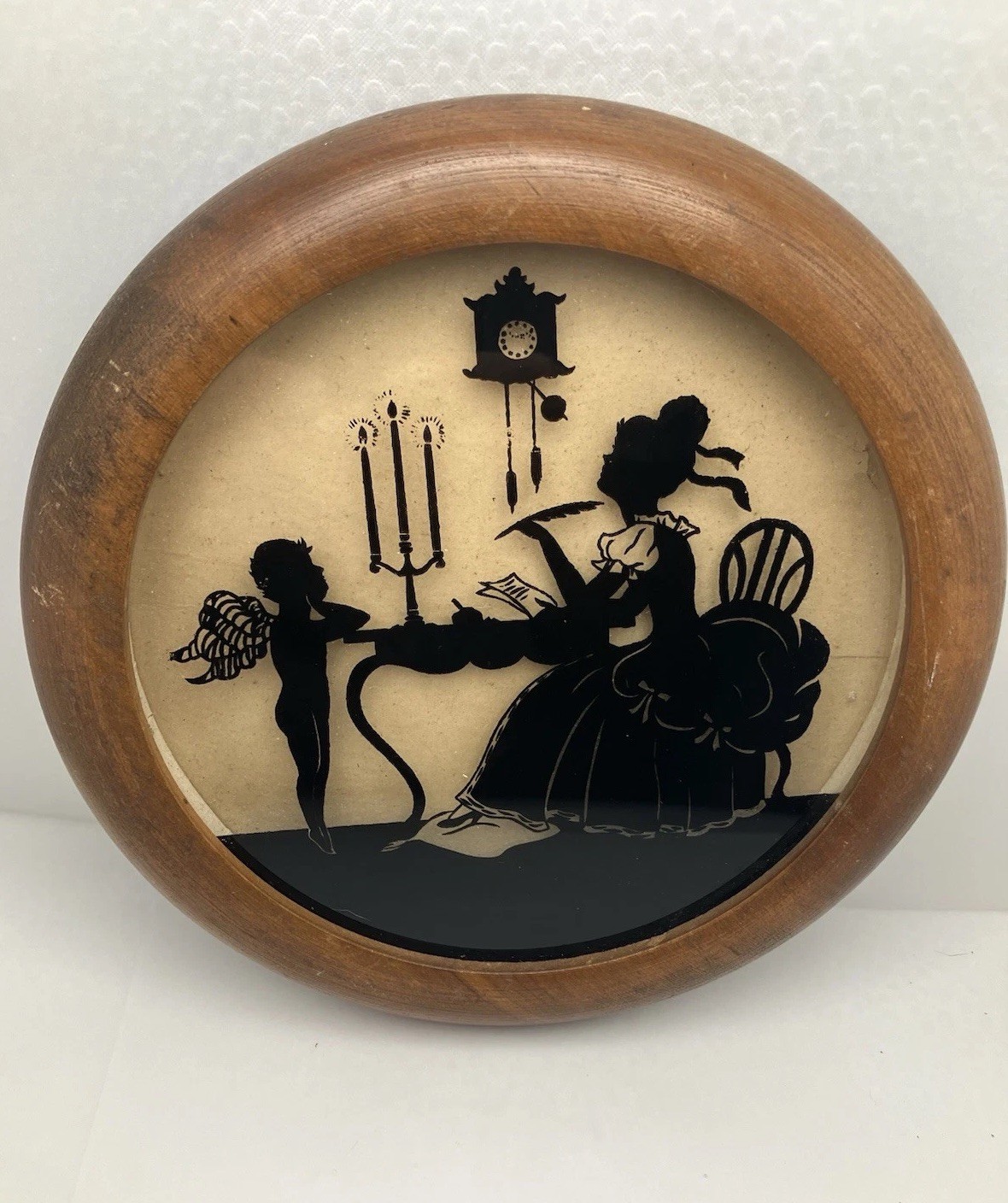 Vintage Round Wood Framed Reverse Painted On Glass Picture Love Letter 6.5 Inch