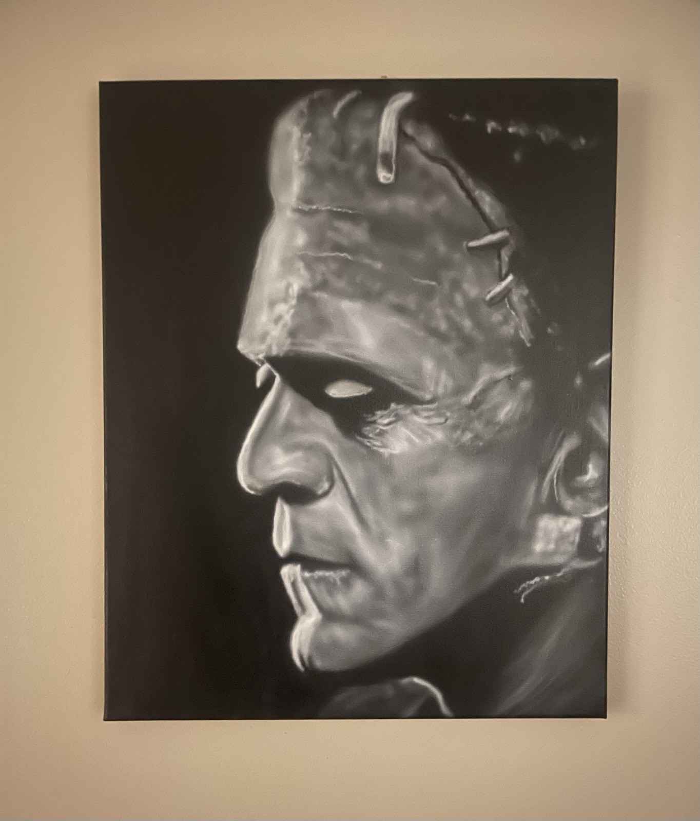 Frankenstein Original Black And White Canvas Painting By David Willingham 16×20