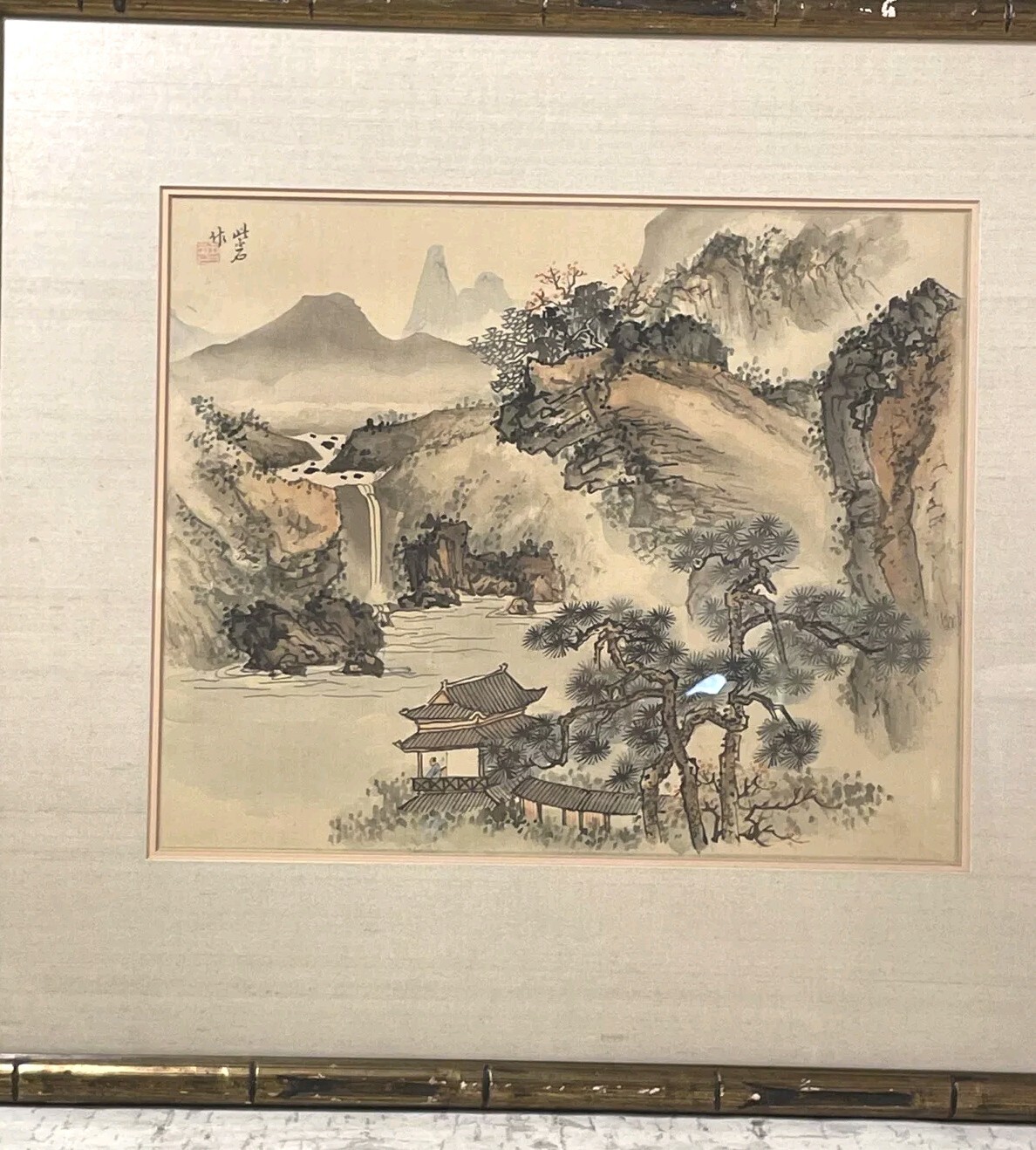 Signed Silk Chinese Landscape Painting Pagoda Mountain Guilin Scene 18.5 x 17″