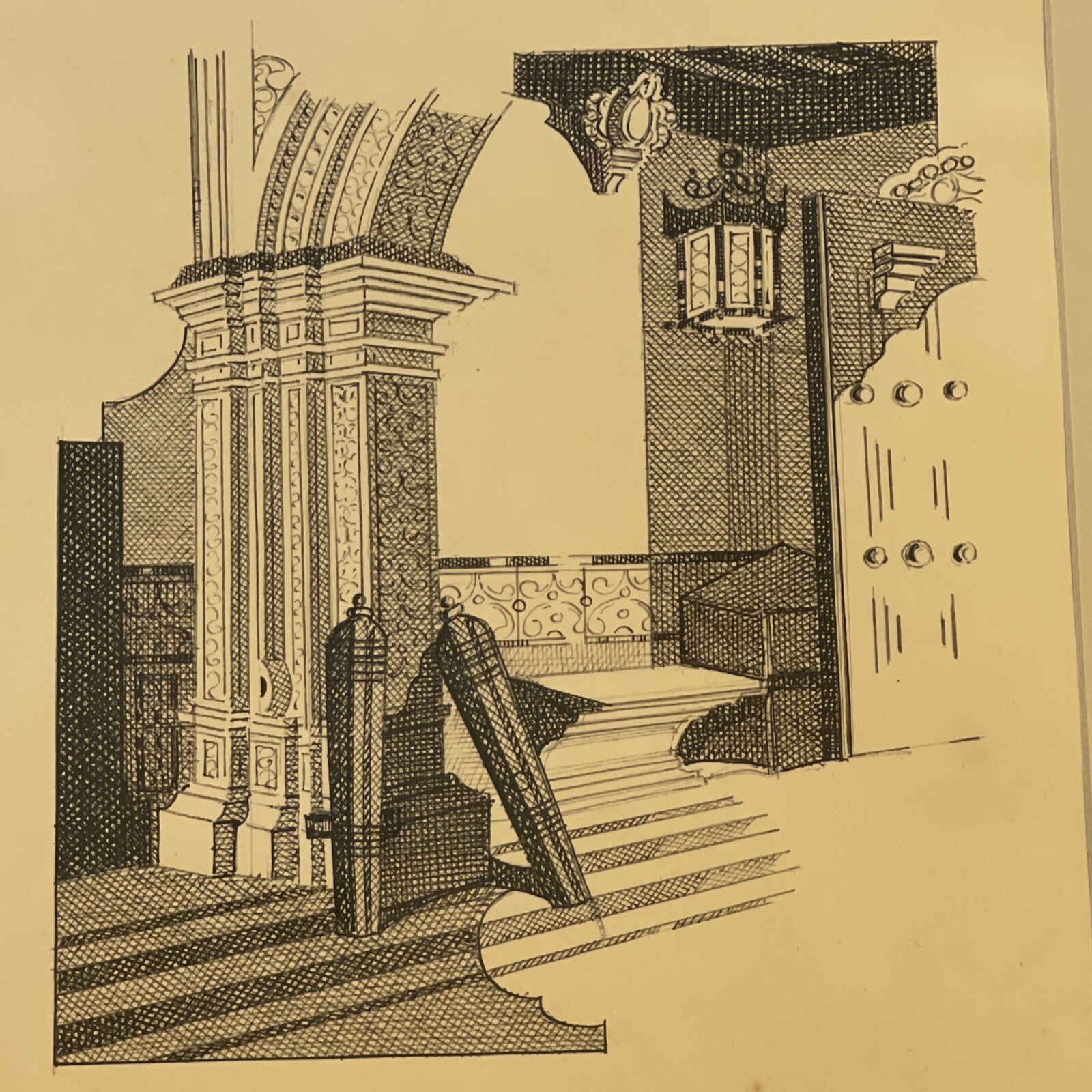 Architectural Drawing Antique Signed Mystery Artist Design Original Pen And Ink
