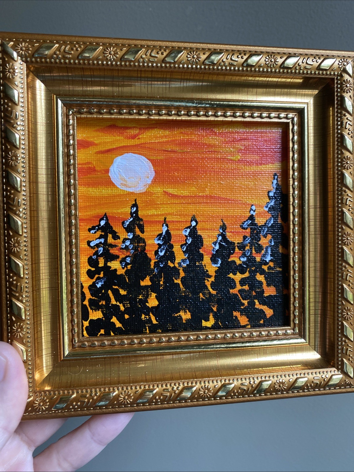 Sunset Sunrise Moon Forest,Original Acrylic Painting On Canvas Panel,4/4 Framed