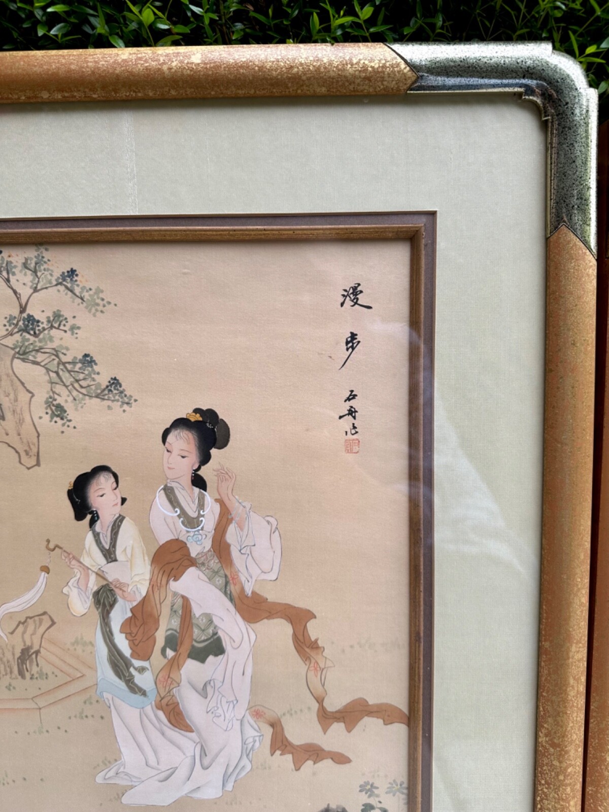 Antique Asian Pair of “Two Women in Garden” Framed Ink & Colors Silk Paintings