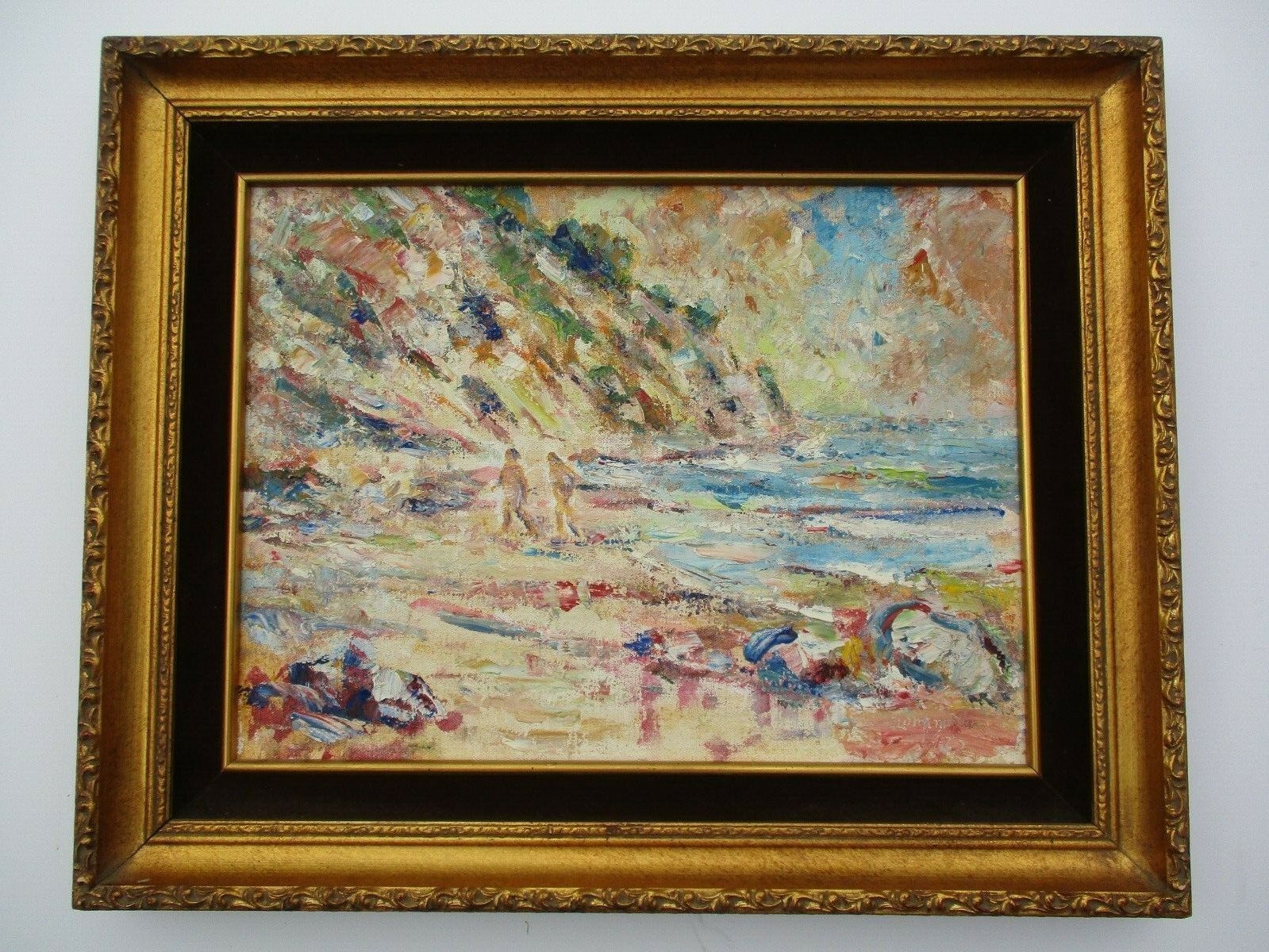 Antique Early Californian Painting Coastal Beach Life Landscape Listed Dominique