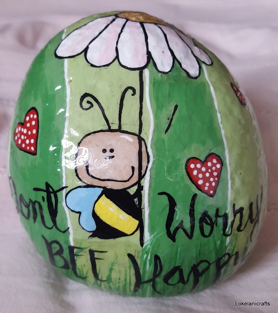 Hand Painted Rock DON’T WORRY BEE HAPPY 4.5″x4.5″ Paper Weight Acrylic OOAK