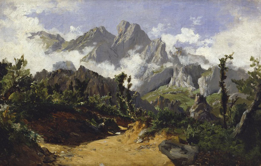 Ｏｉｌ　ｐａｉｎｔｉｎｇ carlos de haes – Fog Picos de Europa mountains landscape on canvas
