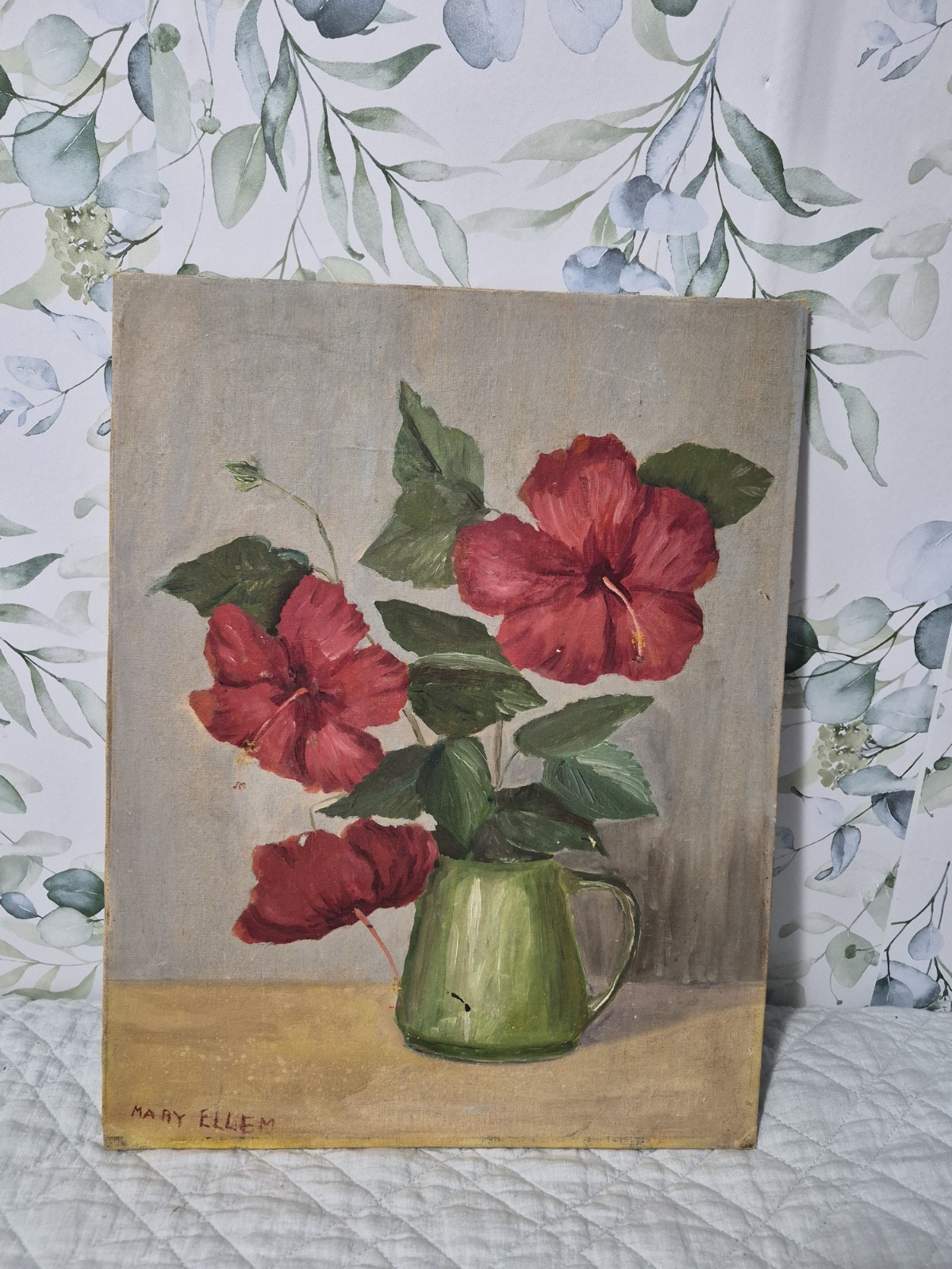 Vintage Original 14 X 18 Hibiscus Floral Still Life Oil Painting On Canvas Board