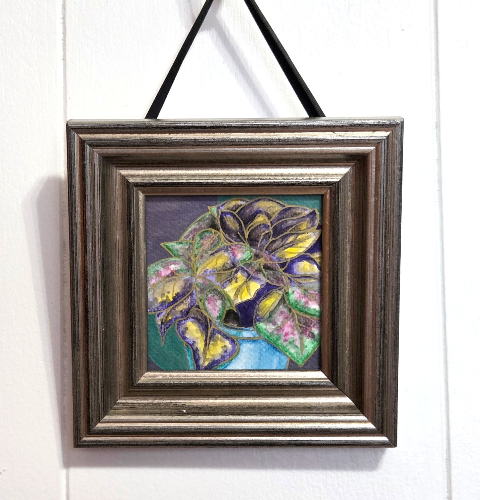 3.5×3.5 Framed Botanical Watercolor Illustration Colorful Leaves – Metallic