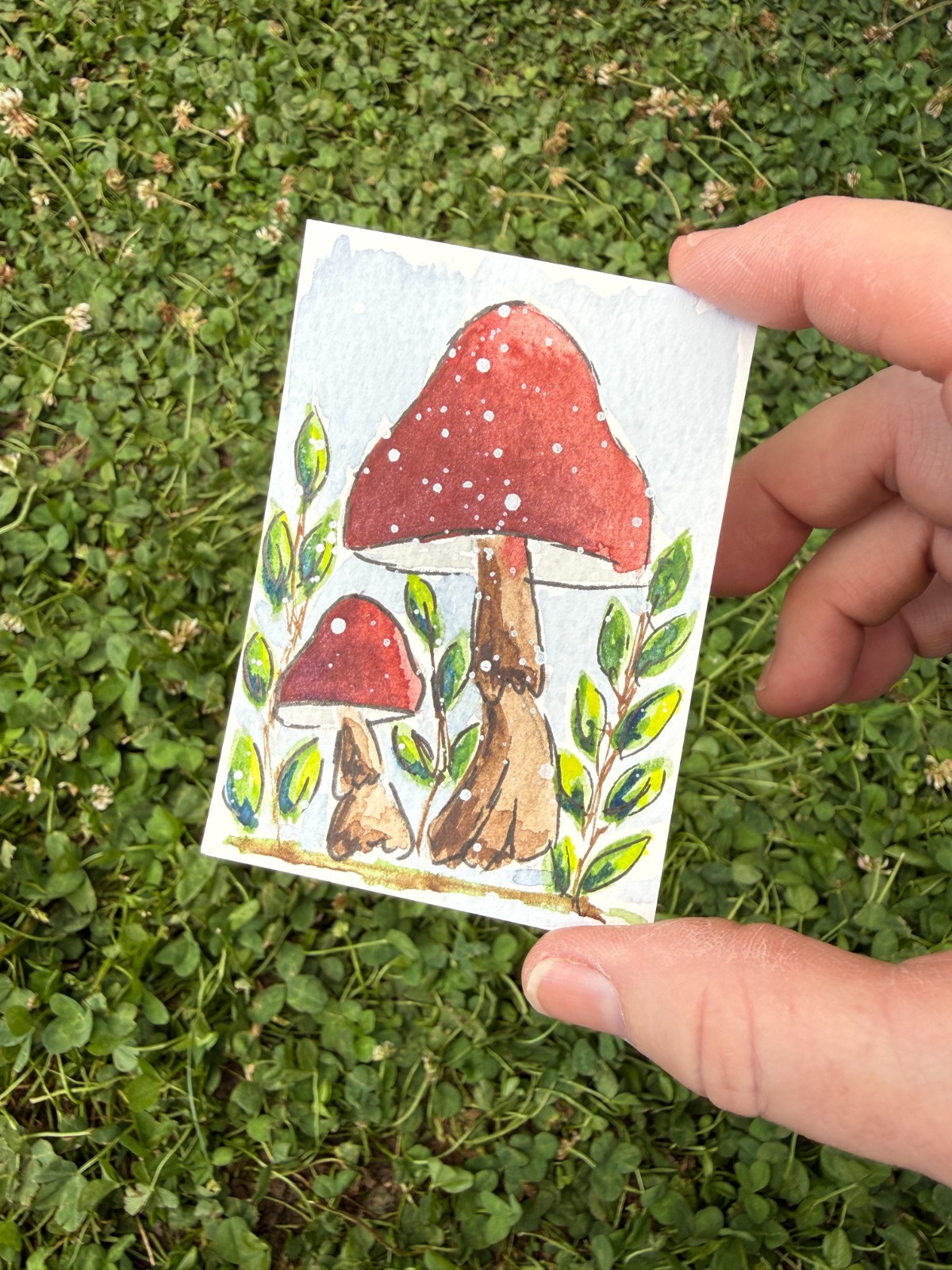 ACEO #39 Watercolor Red Mushroom, leaves, Hand Painted, Trading card, 3.5×2.5