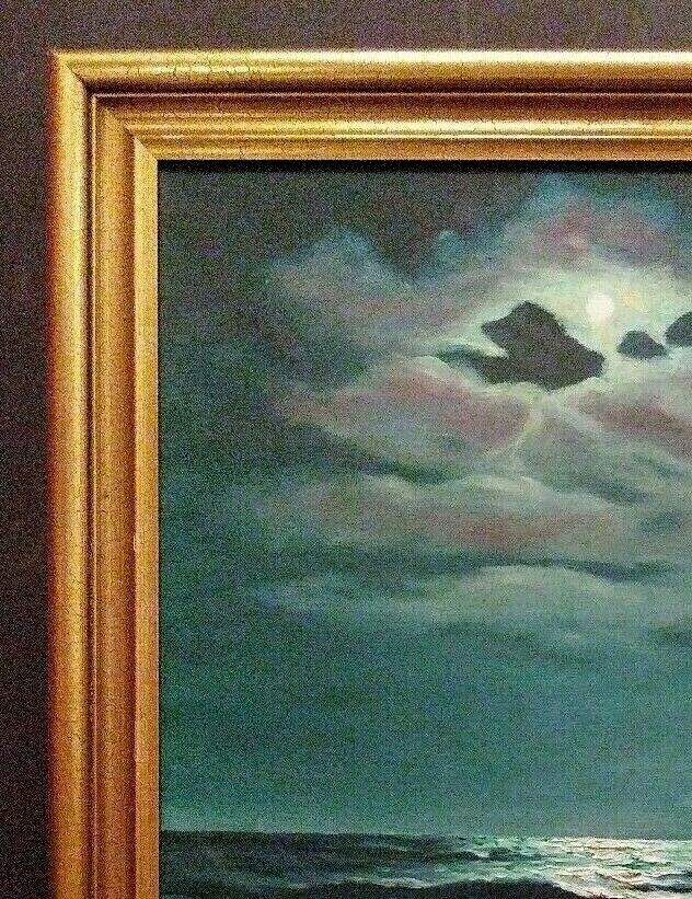 LISTED AMERICAN FRANK FERRUZZA Sd MOONLIT SAILBOAT ORIGINAL OIL on CANVAS FRAMED