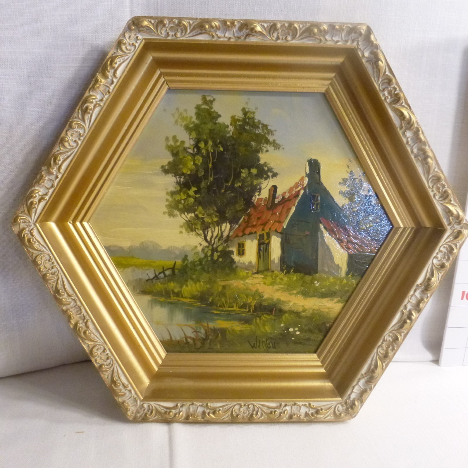 Red Roof Cottage-Signed WILGEM-Hand Painted Oil-Nu Mold Creation 10X10 Gold