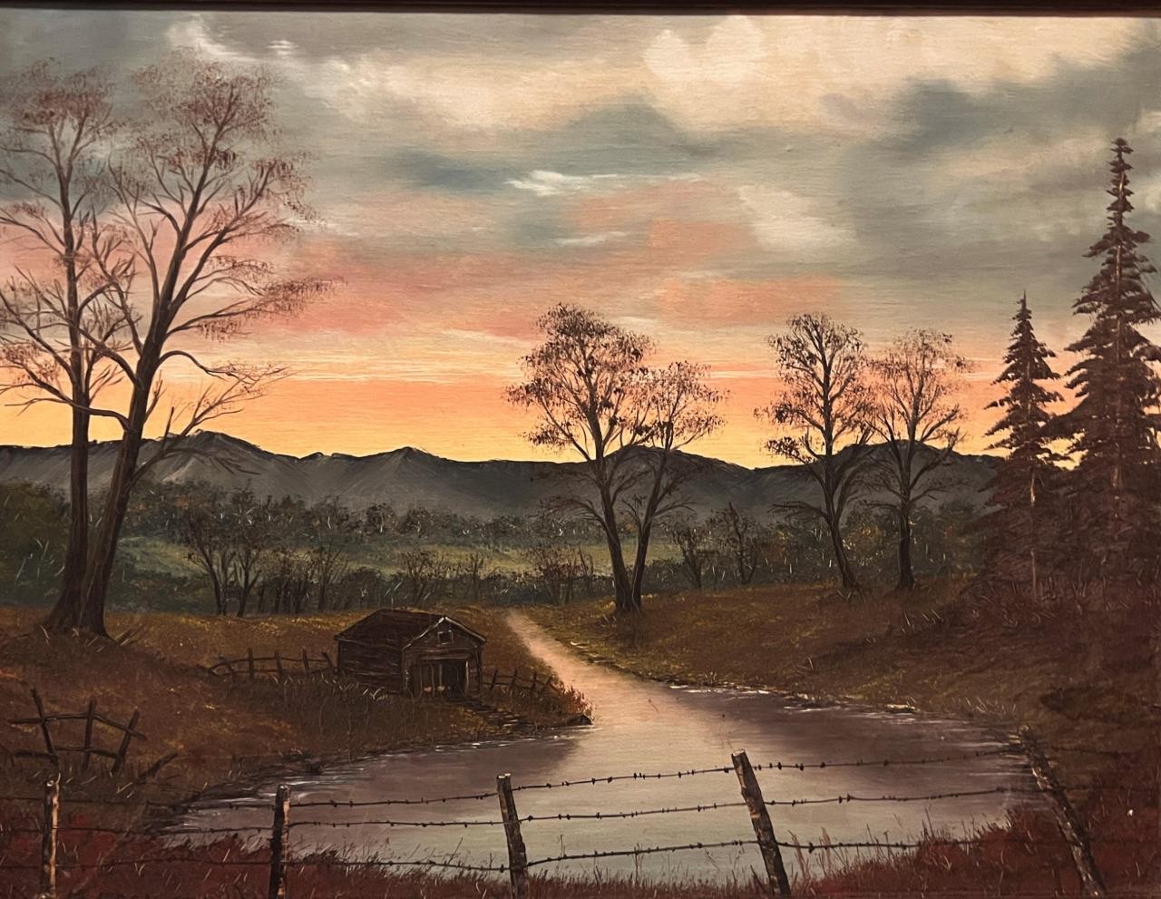Vintage American Artist Signed Original Oil Painting Rural Farm Landscape Creek