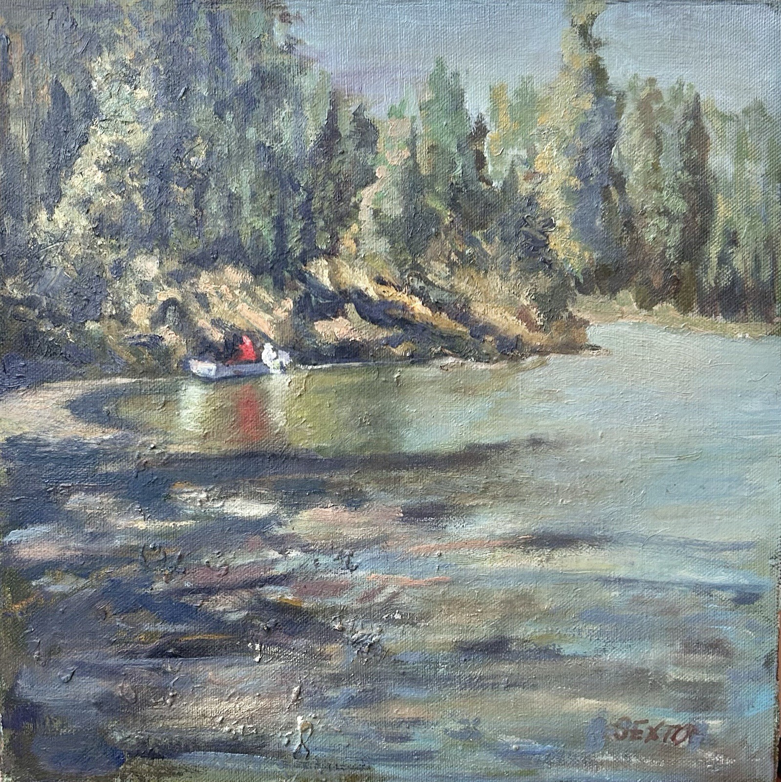 Frederick Lester Sexton – Oil On Masonite Painting – Waterside Landcape – Signed