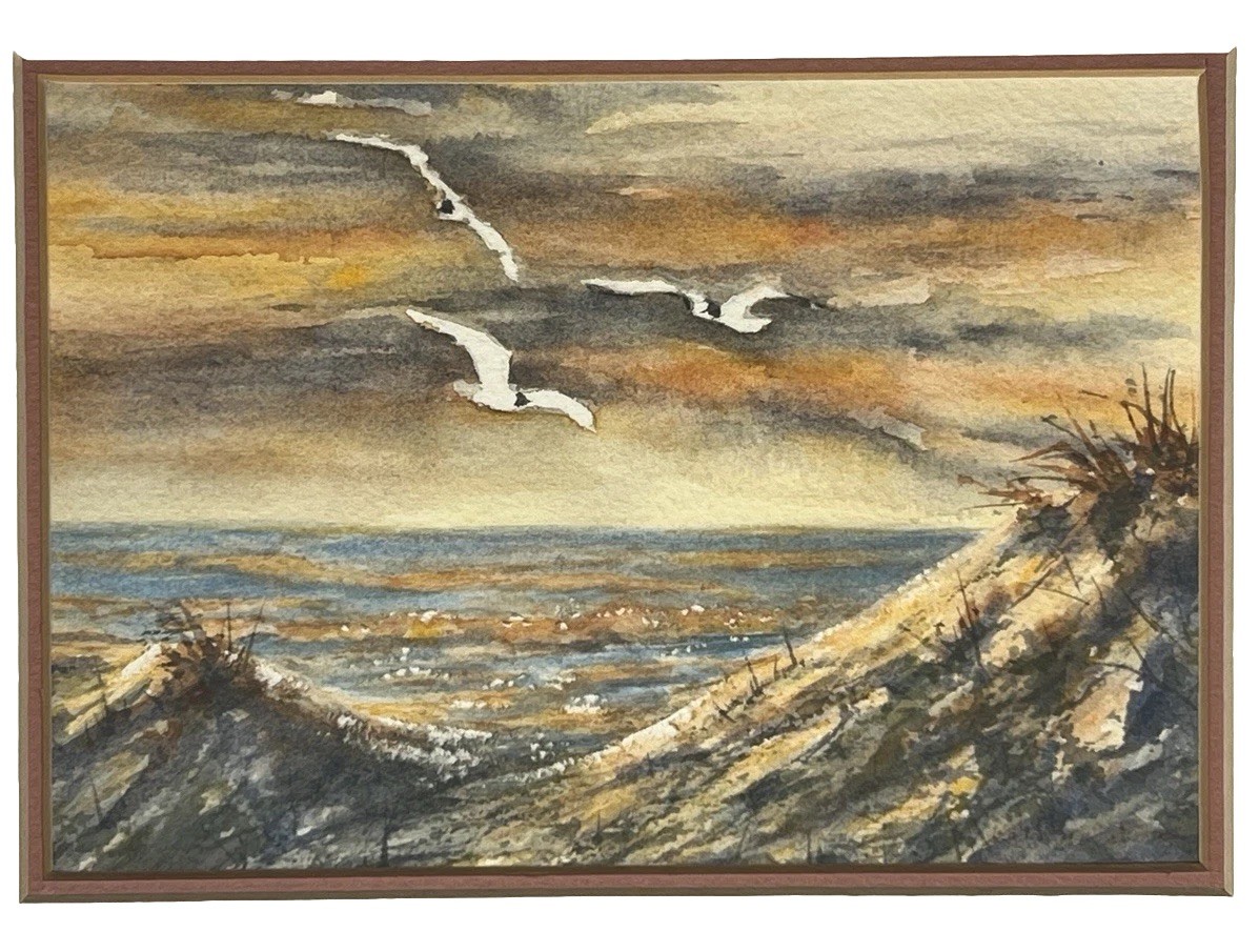 Vintage Watercolor Painting Sand Dunes & Seagulls Beach Coastal Framed Small