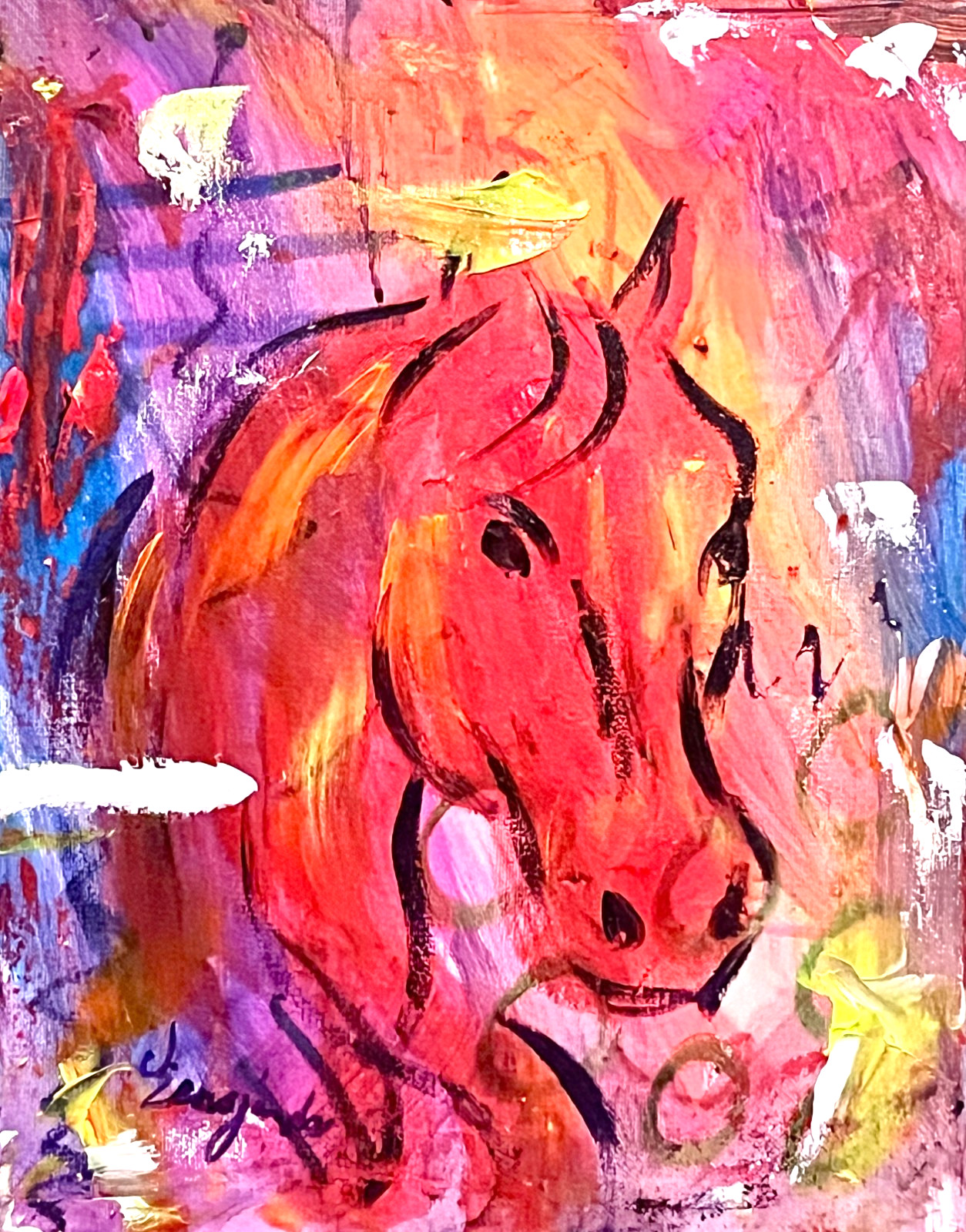 GUAJARDO Original Expressionism Neon Red Horse 14X11 Canvas Signed Art