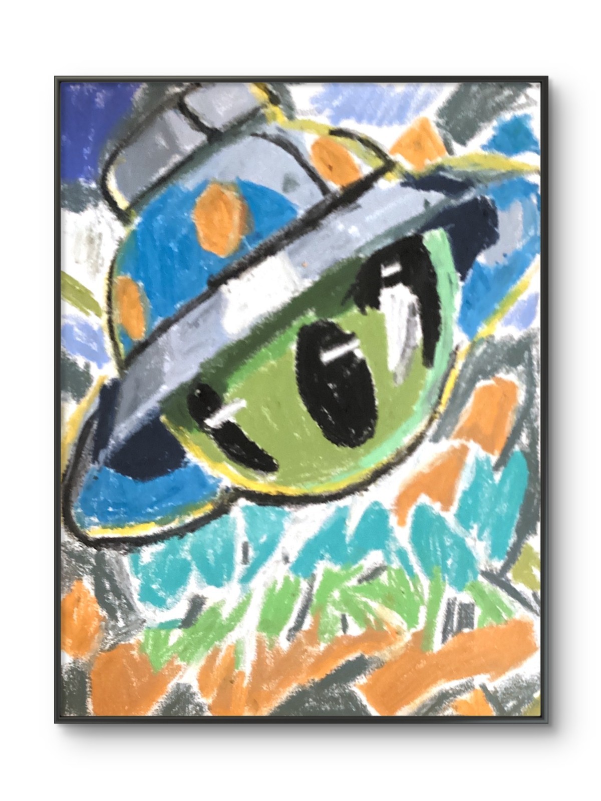 Colorful UFO Cartoon Expressionist Original Wall Art 11×14 Oil Pastel on Canvas