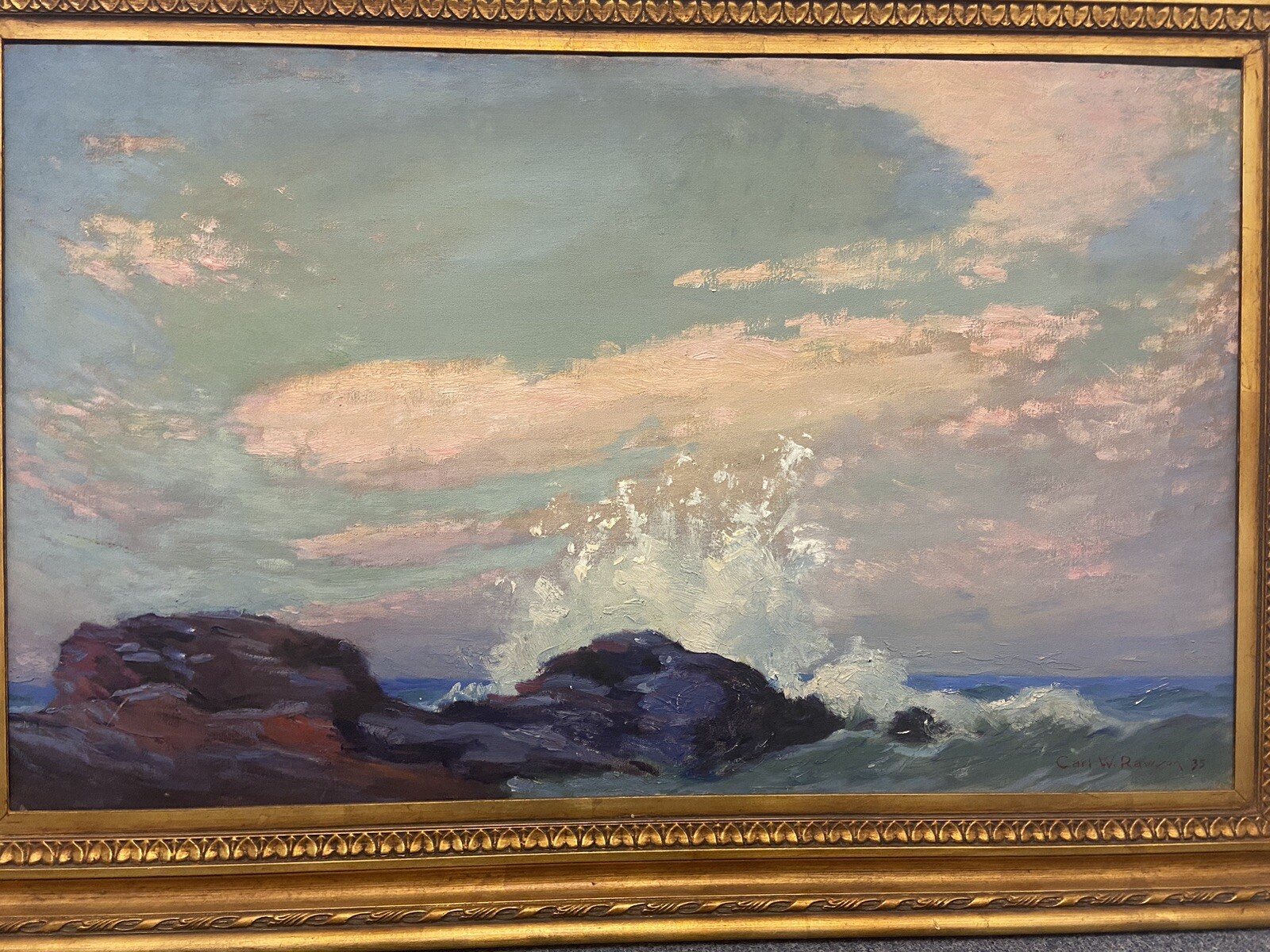 Carl W. Rawson (1884-1970 ) Seascape Seashore Oil/Canvas Signed LR & Dated ‘35