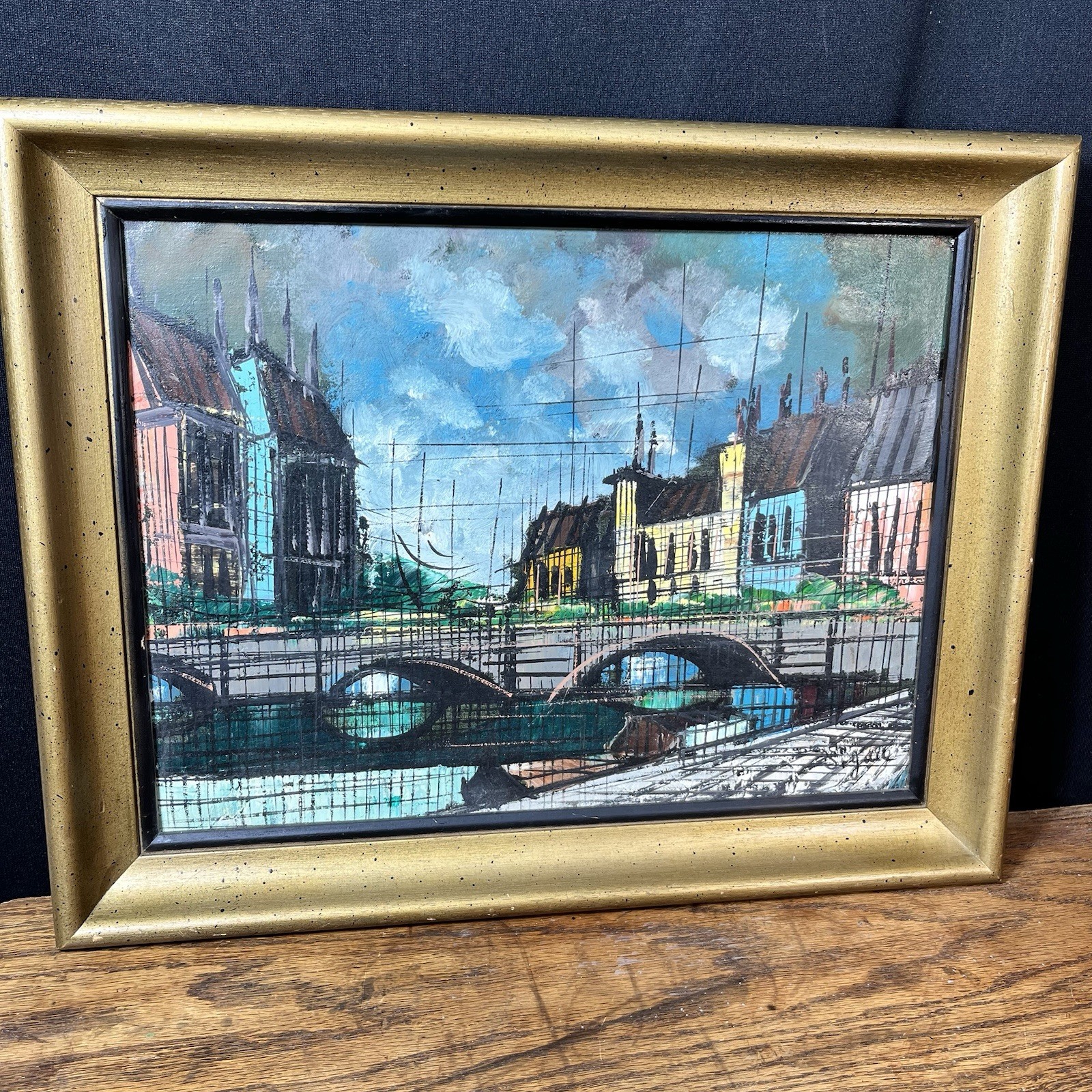 Paris Street Scene Oil Painting Signed Wooden Frame Starving Artist 15×19 Vtg