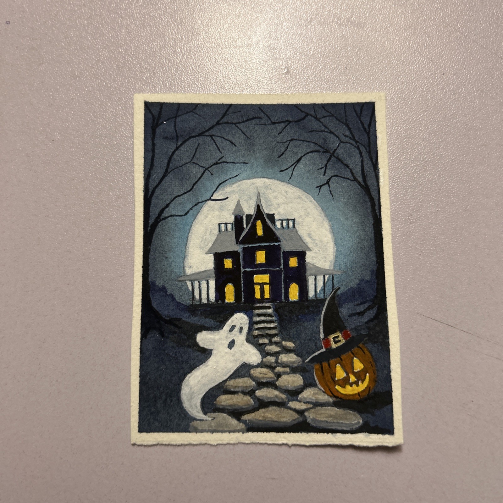 ACEO Art Card Original Spooky House Jack-O’-Lantern Halloween Art OOAK free ship
