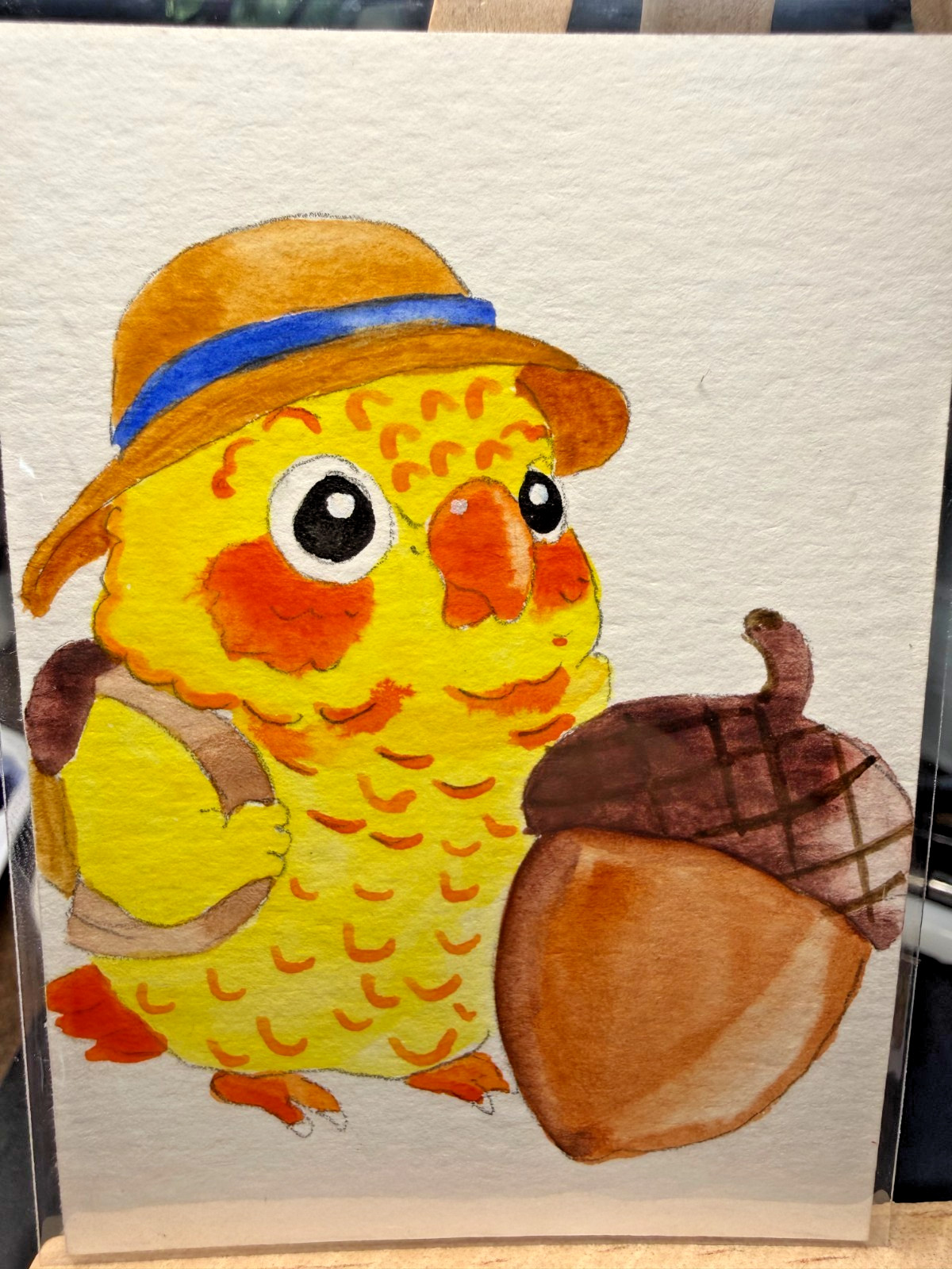 ACEO Original OOAK Signed (Not a Print) «Explorer» Yellow Parrot & Acorn Art