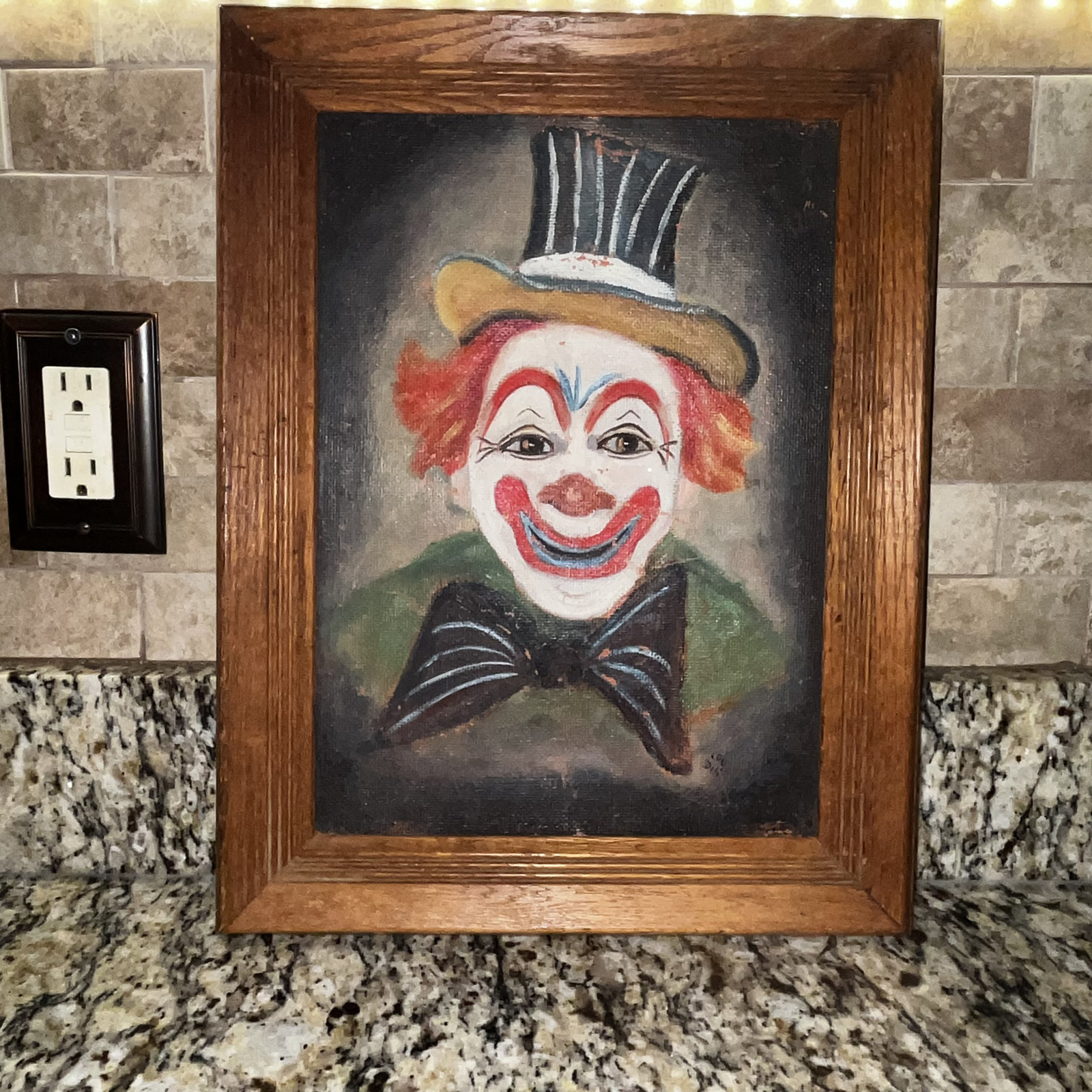 Vintage Clown Painting by Lou Dill 17″ x 13 1/2″ Framed in Vintage Wooden Frame