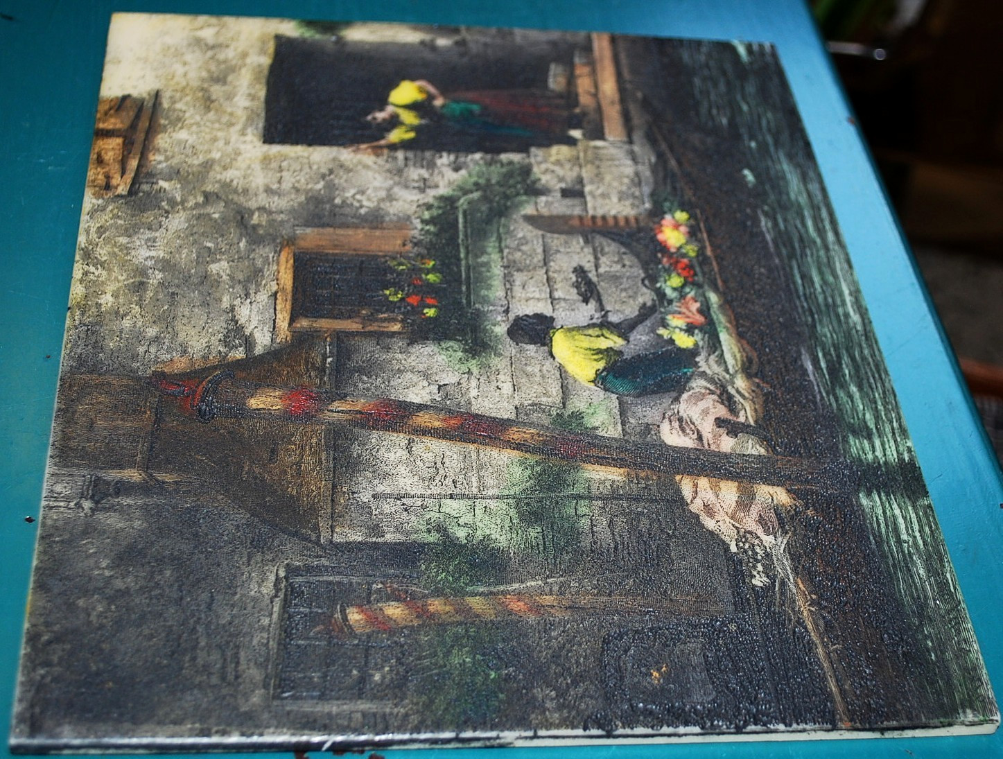 RARE Lithopane Hand Colored PAINTED ENGRAVING Luke Fildes VENETIAN FRUIT SELLER