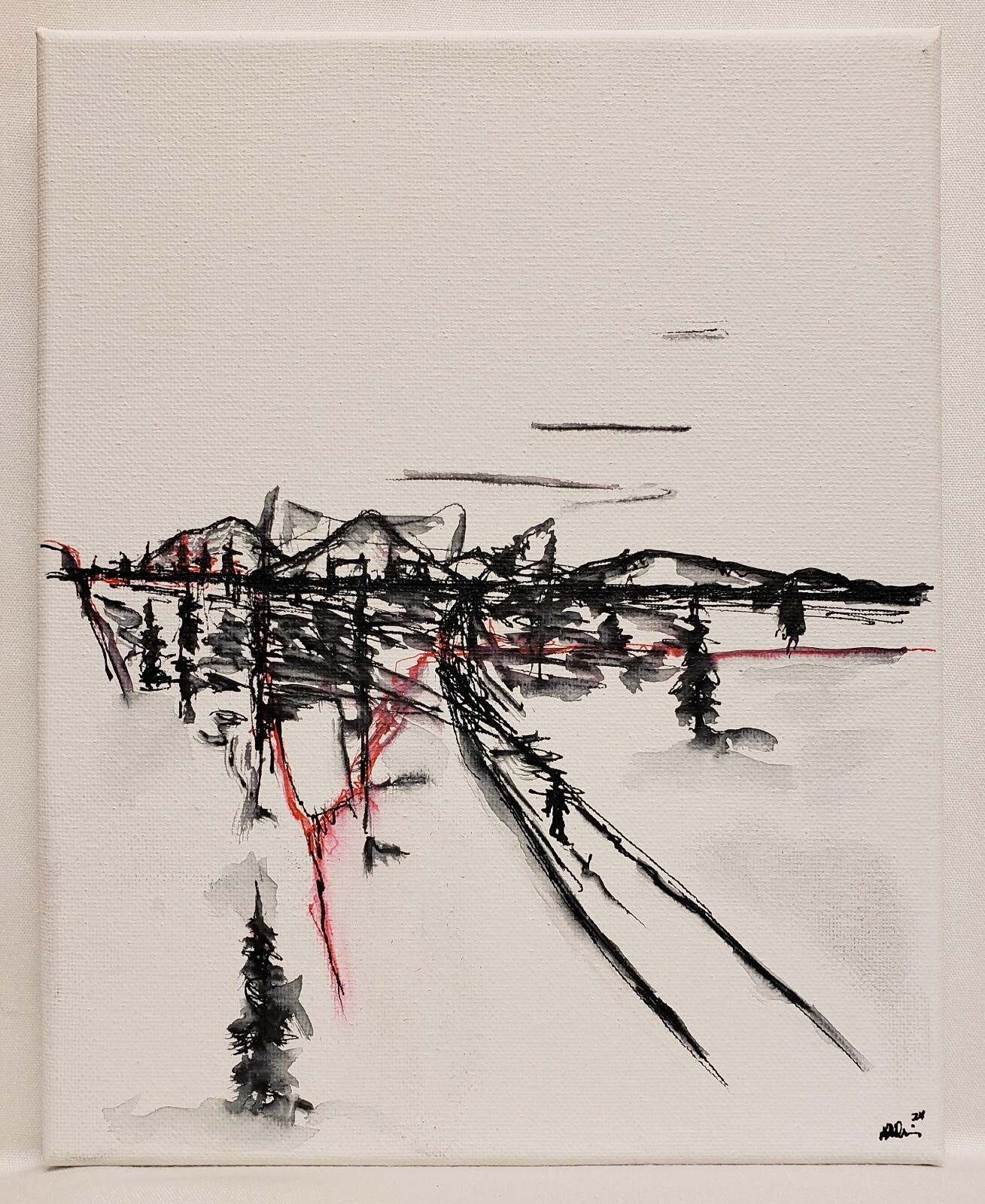 Original Abstract Minimal Impressionistic Landscape Ink Painting By K.A.Davis