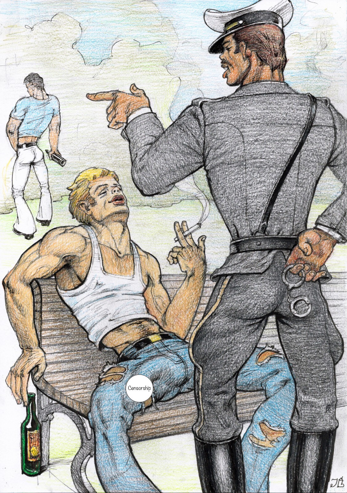 Gay Art original painting «Riots in the park »  16,5 * 11,6 in. nude erotica