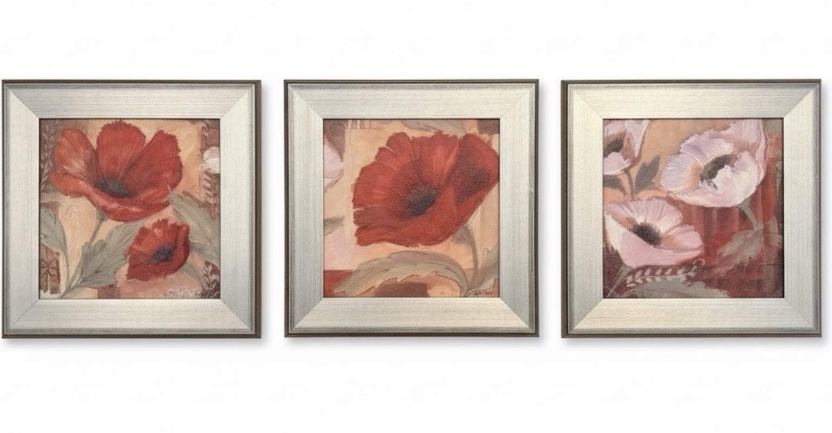Set of Three Original Framed Poppy Paintings in Red and Blush Tones