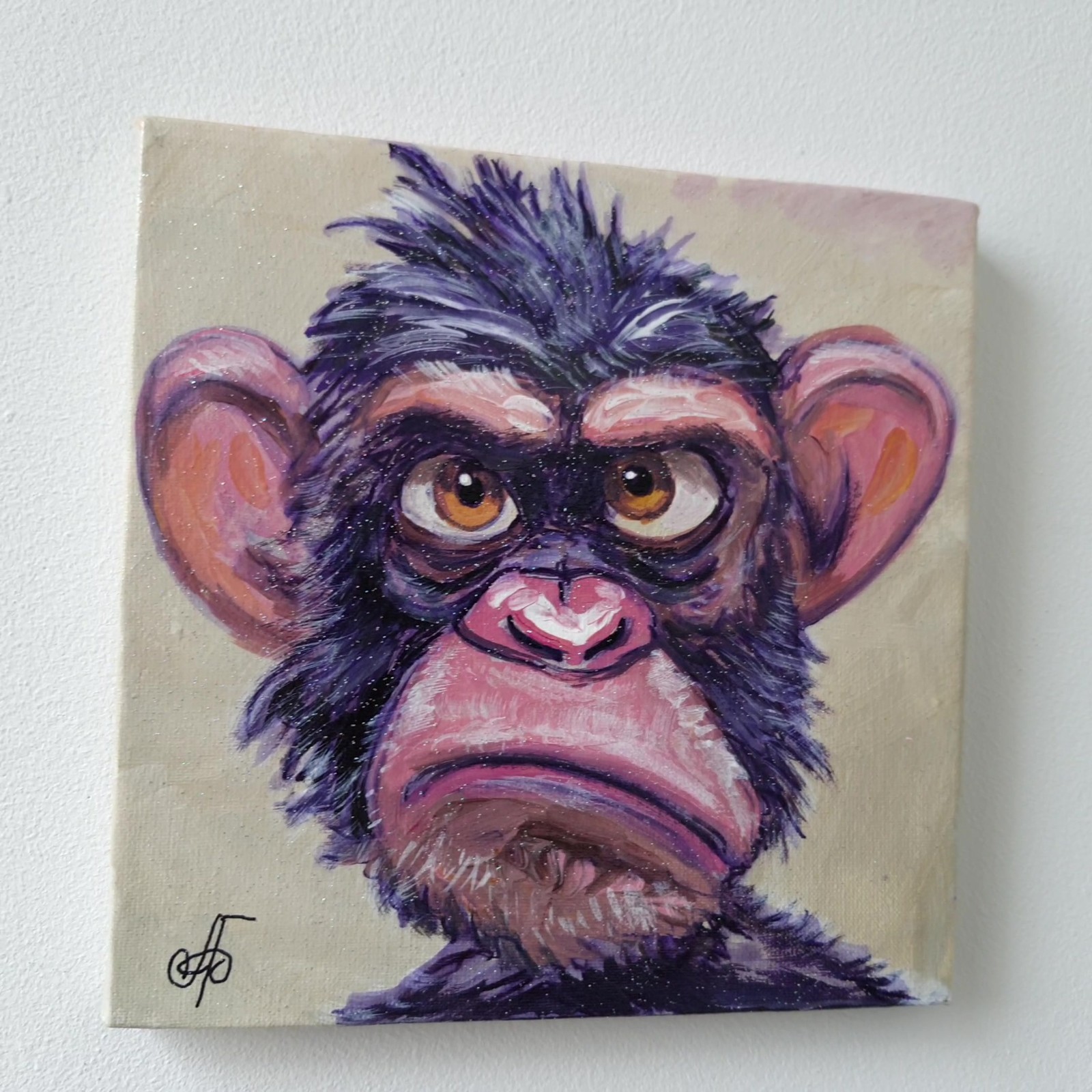 Original Acrylic Painting Funny Grumpy Chimp Monkey Portrait Small Hand Painted