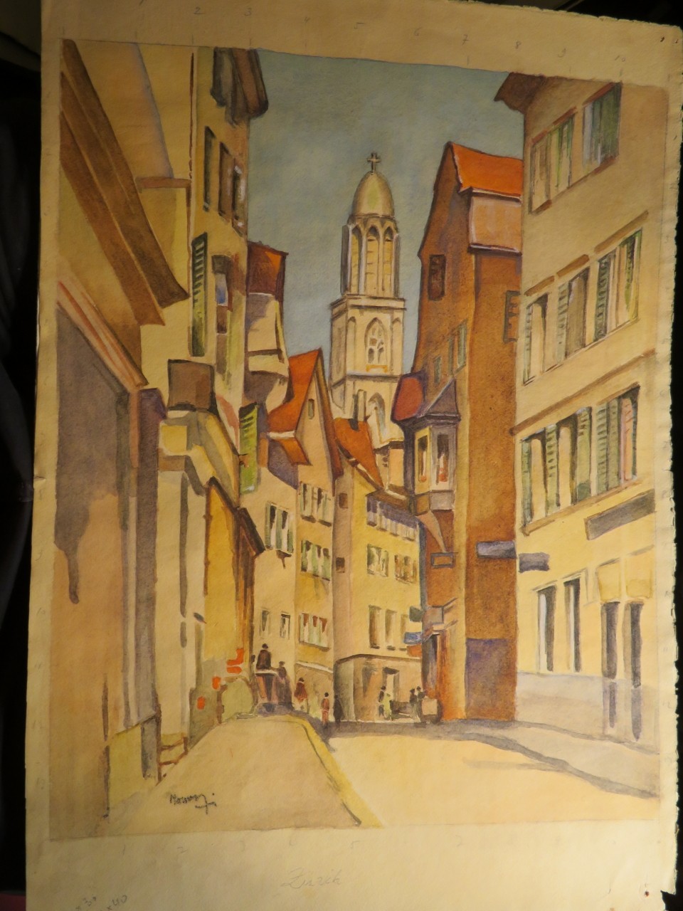 School SWITZERLAND XX DRAWING WATERCOLOR PAYAGE ZURICH GROSSMUNSTER SWITZERLA…