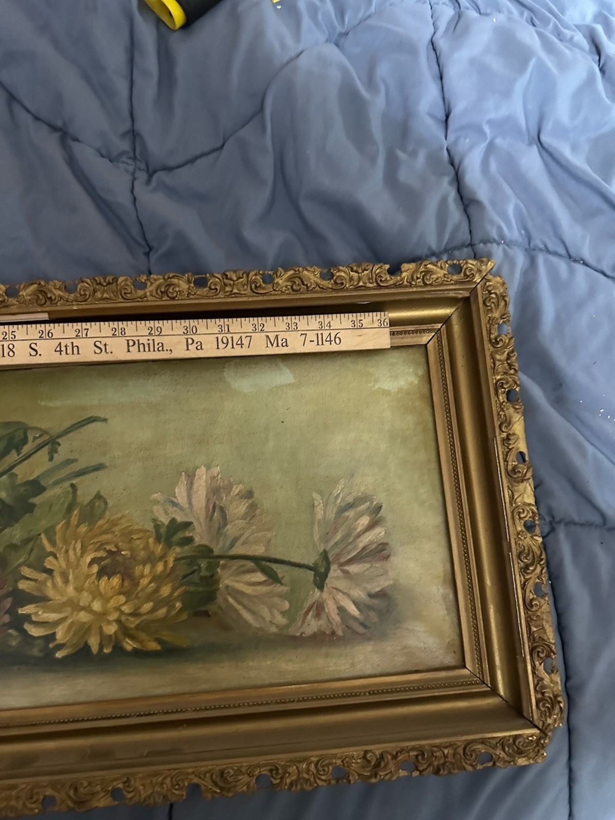Antique Victorian Rare Horizontal Oil / C Chrysanthemum’s 40 X 14 Still Life