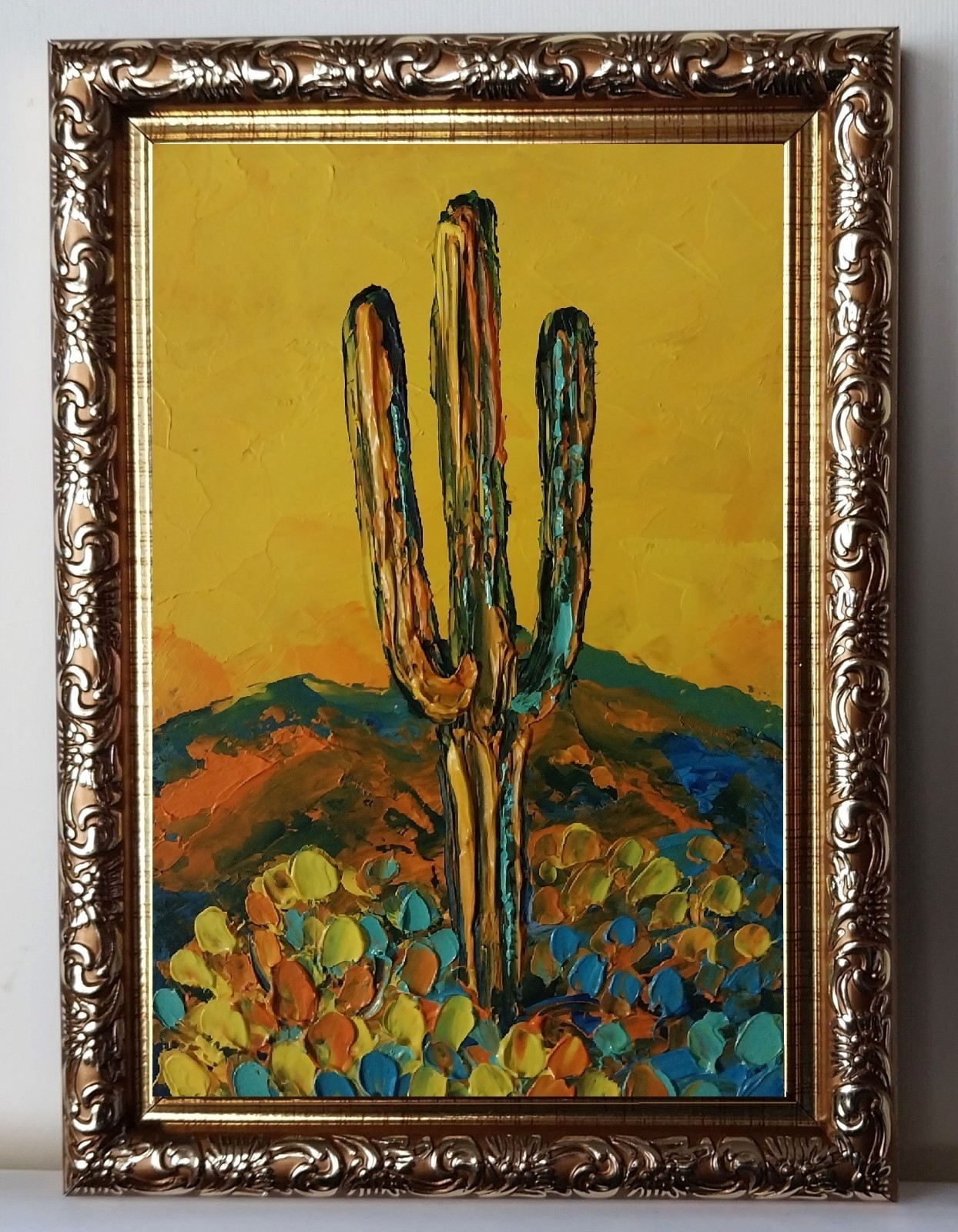 Framed Saguaro Cactus Sonoran Desert Sunset 4×6” Impasto Oil Painting Original