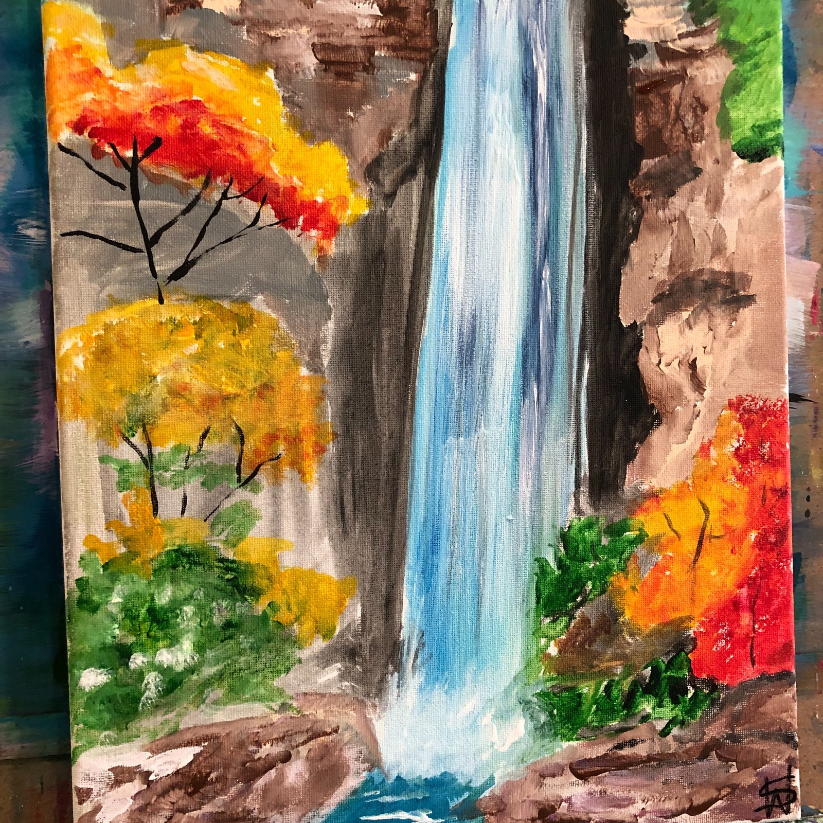 WS original waterfall impressionism painting 14X11 canvas acrylic modern art