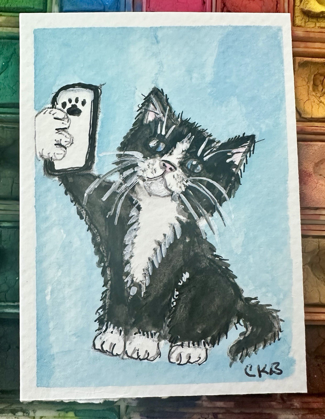 ACEO Original Watercolor Tuxedo Cat “Say, MEOW ” Selfie Signed 2.5 X3.5