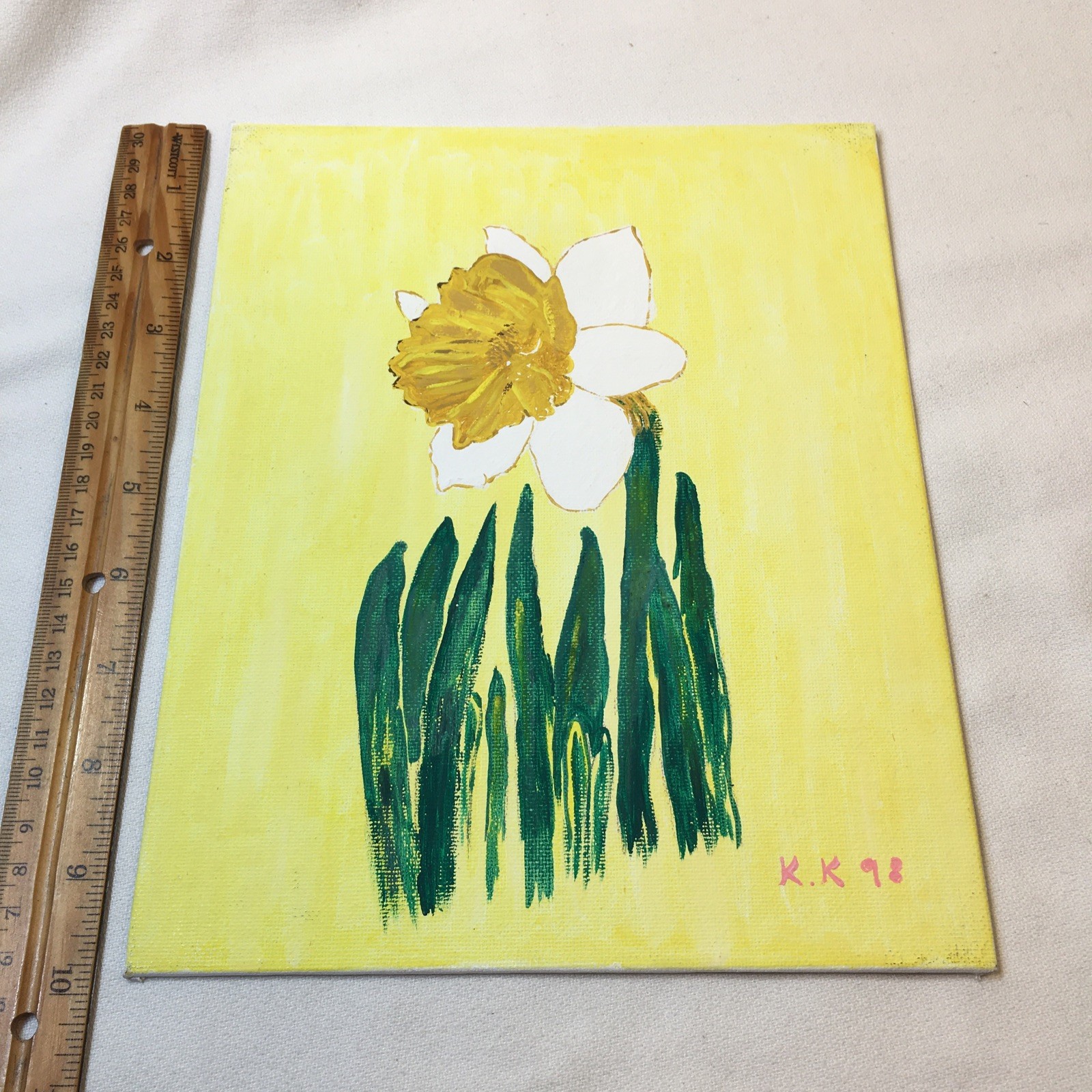 Original 8 X 10 Daffodil Flower White Yellow Still Life Painting Canvas Wall Art
