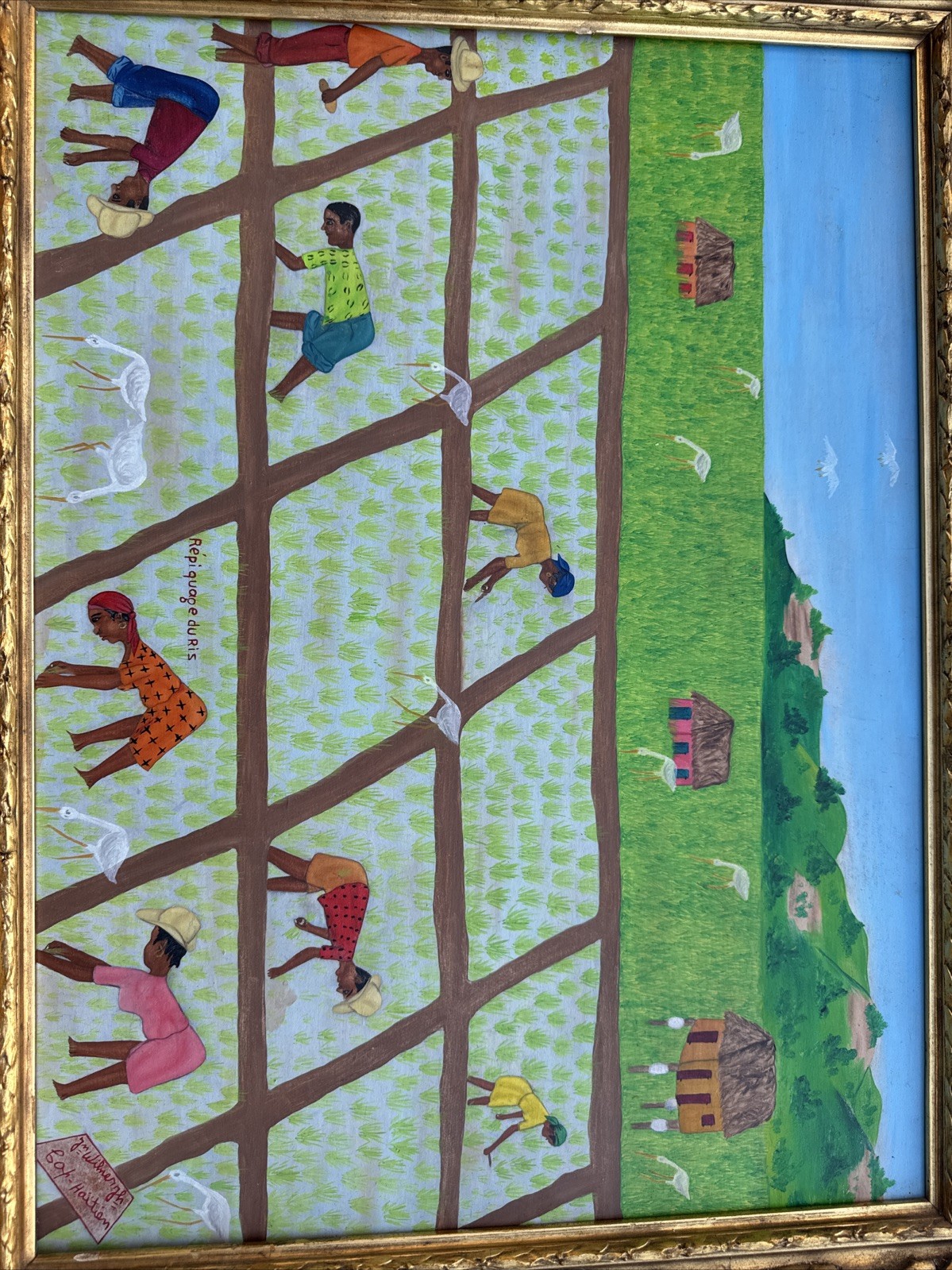 VINTAGE FOLK ART PAINTING FARM FARMING HAITI HAITIAN NAIVE WILNER CROPS PEOPLE