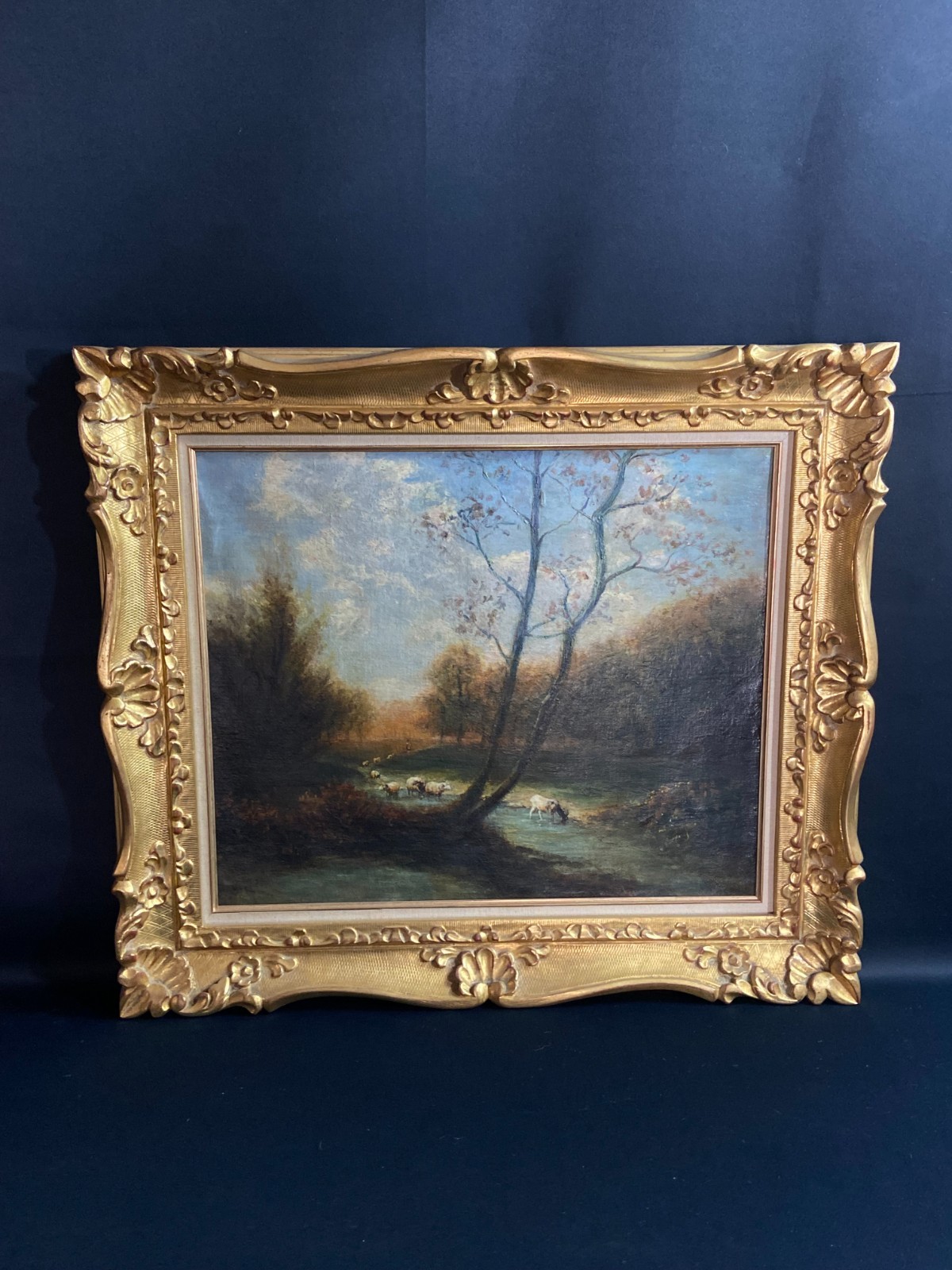 French School 19th Century Landscape Animated Shepherd & Sheep Herd Oil Painting