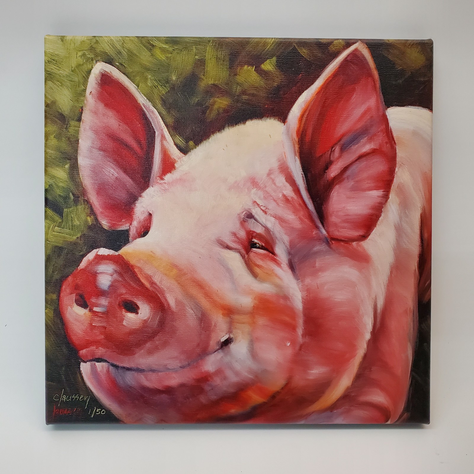 Claussey Smile Pig Oil Painting 14×14 #1/50 COA Farmhouse Kitchen Art